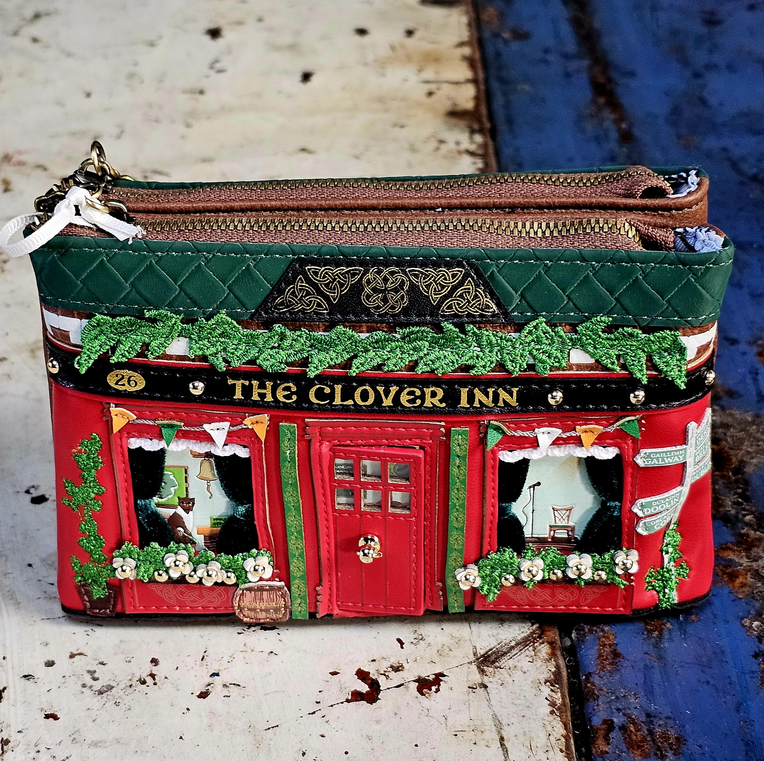 Vendula Double Zip Purse - The Clover Inn - morpeth antique centre hunter valley region vendula london collectable grab grace phone pouch kate card coin zip wallet purse handbag bea up away hot air balloons above the clouds lucky lantern chinese new year horse clover inn hotel pub