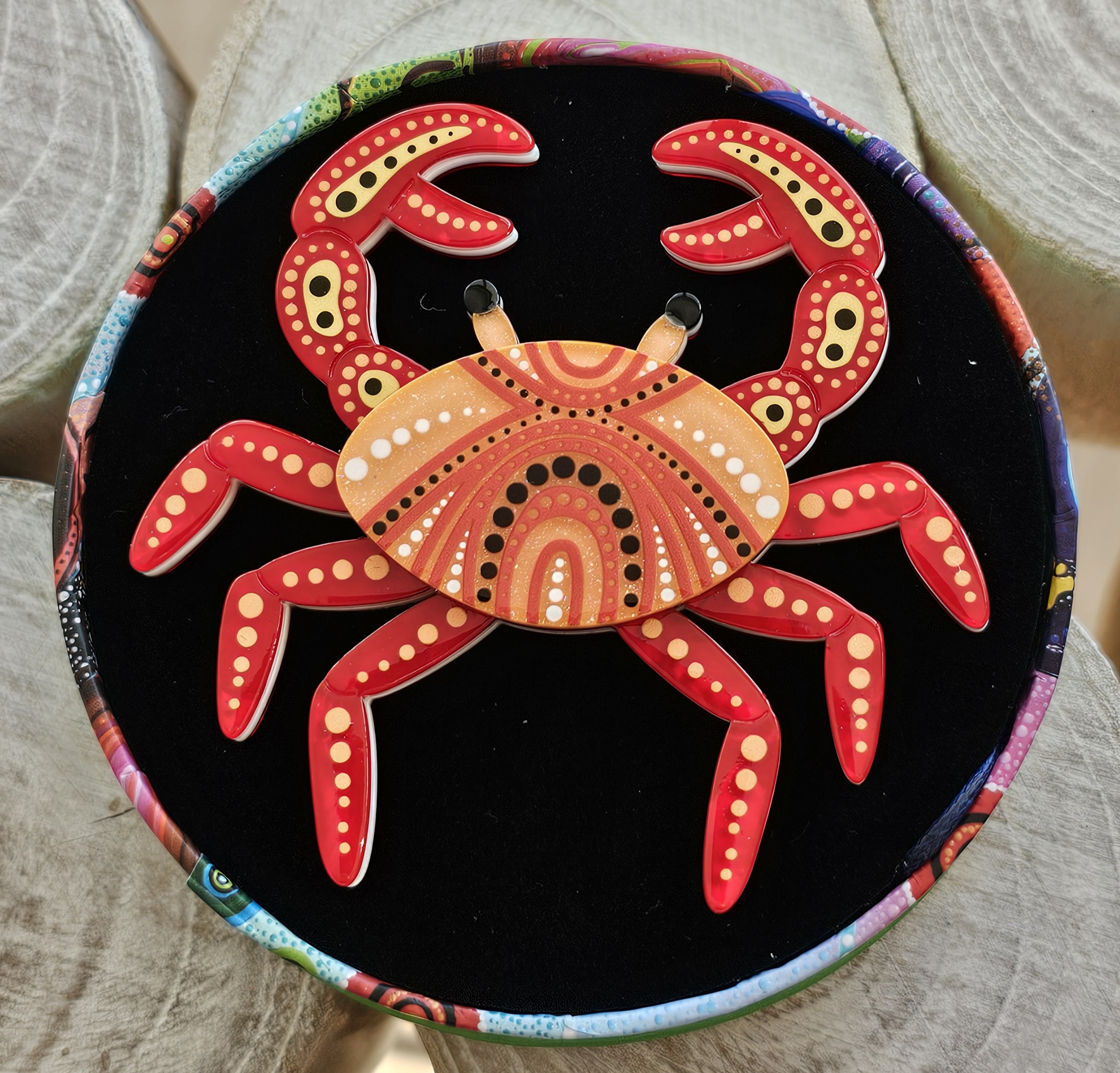 Erstwilder Brooch - Karntat (Crab) - morpeth antique centre hunter valley region erstwilder brooch earrings necklace hair clip indigenous art design dot painting brooke sutton flora fauna australian bird animal karntat crab mud blue swimmer