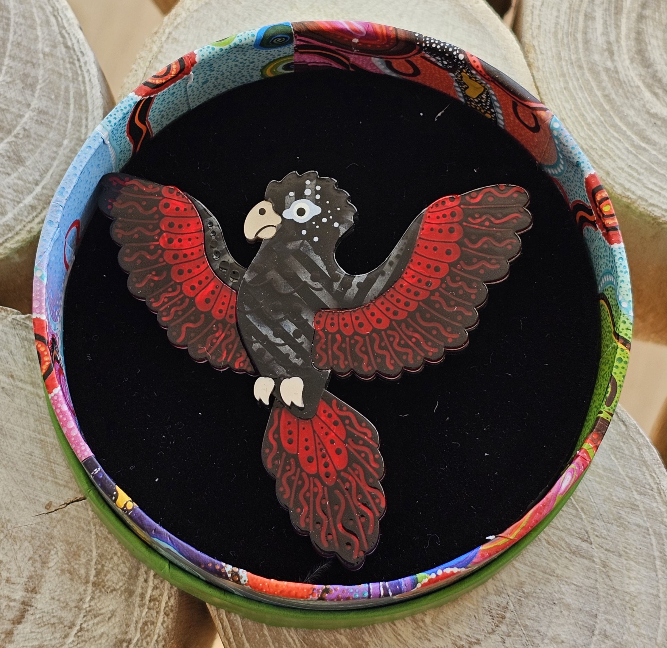 Erstwilder Brooch - Kurri Kurri Marrpu (Red Tailed Black Cockatoo) - morpeth antique centre hunter valley region erstwilder brooch earrings necklace hair clip indigenous art design dot painting brooke sutton flora fauna australian bird animal native kurri marrpu red tailed black cockatoo