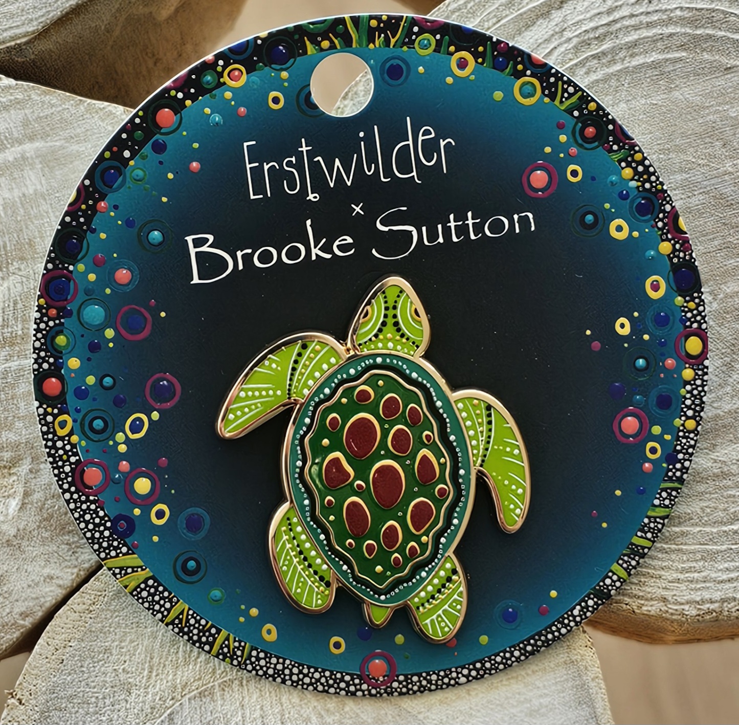 Erstwilder Enamel Pin - Yaunati (Turtle) - morpeth antique centre hunter valley region erstwilder brooch earrings necklace hair clip indigenous art design dot painting brooke sutton flora fauna australian bird animal yaunati green sea turtle