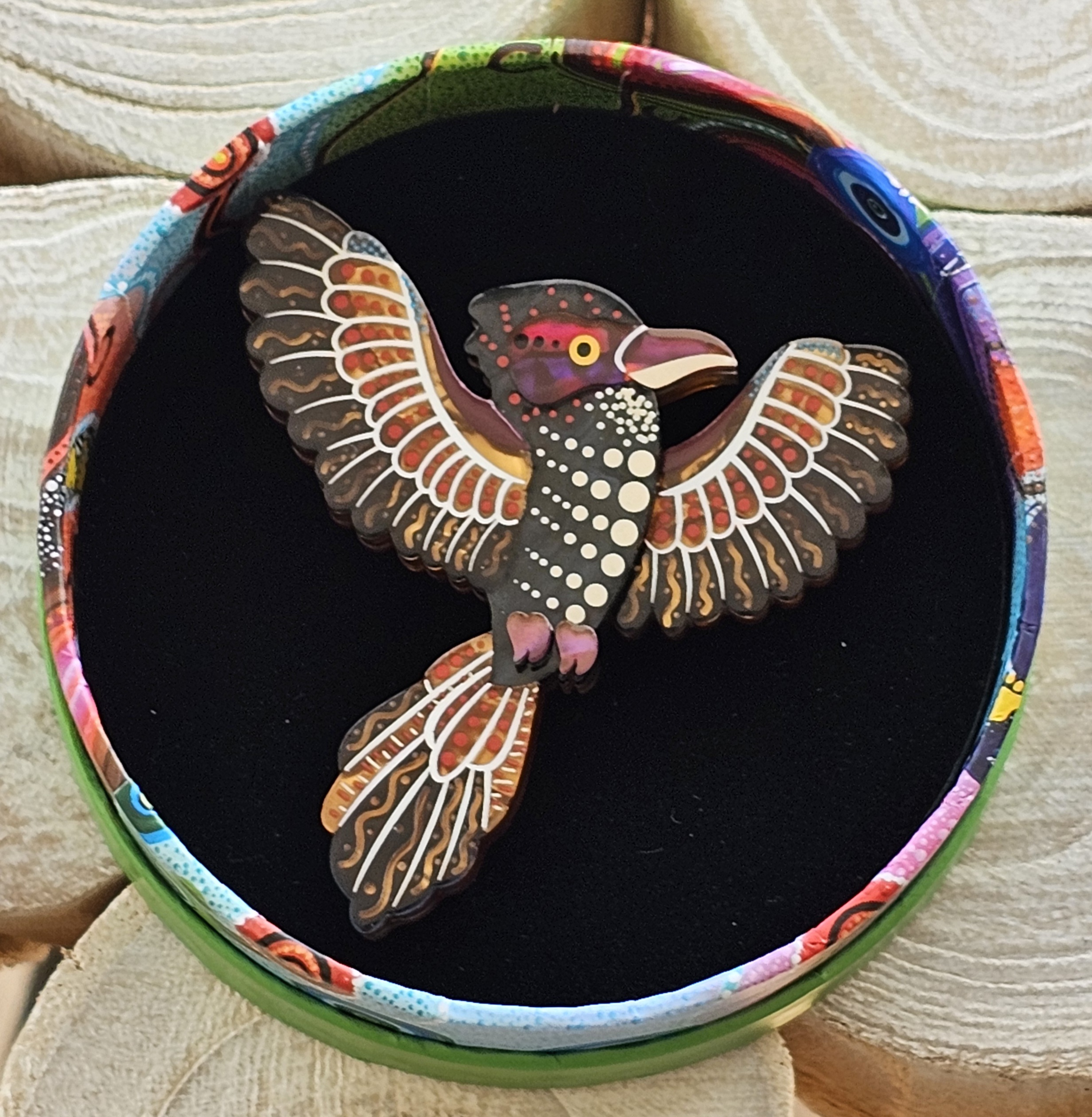Erstwilder Brooch - Jullen Guh (Kookaburra) - morpeth antique centre hunter valley region erstwilder brooch earrings necklace hair clip indigenous art design dot painting brooke sutton flora fauna australian bird animal yaunati jullen guh kookaburra