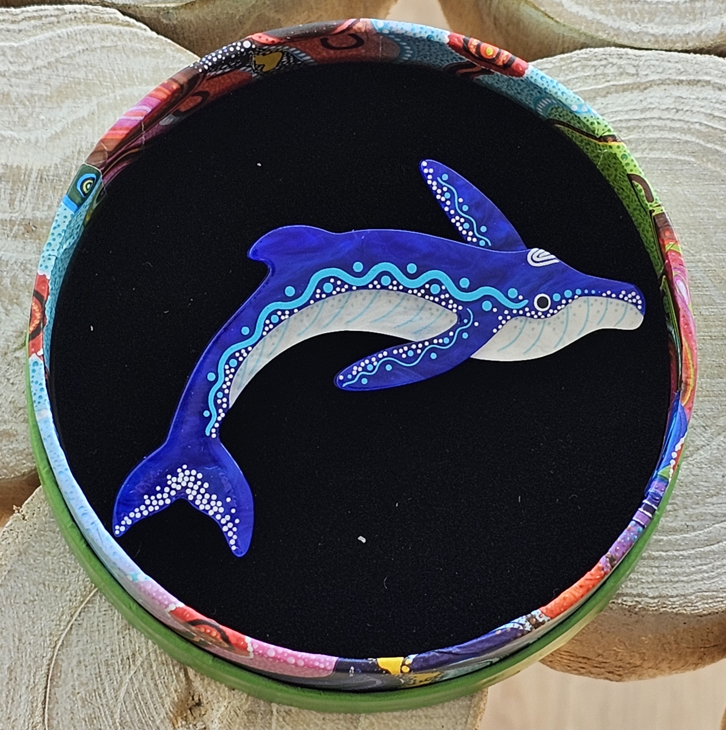 Erstwilder Brooch - Yuan Thirrin (Whale) - morpeth antique centre hunter valley region erstwilder brooch earrings necklace hair clip indigenous art design dot painting brooke sutton flora fauna australian bird animal yuan thirrin humpback whale blue fin