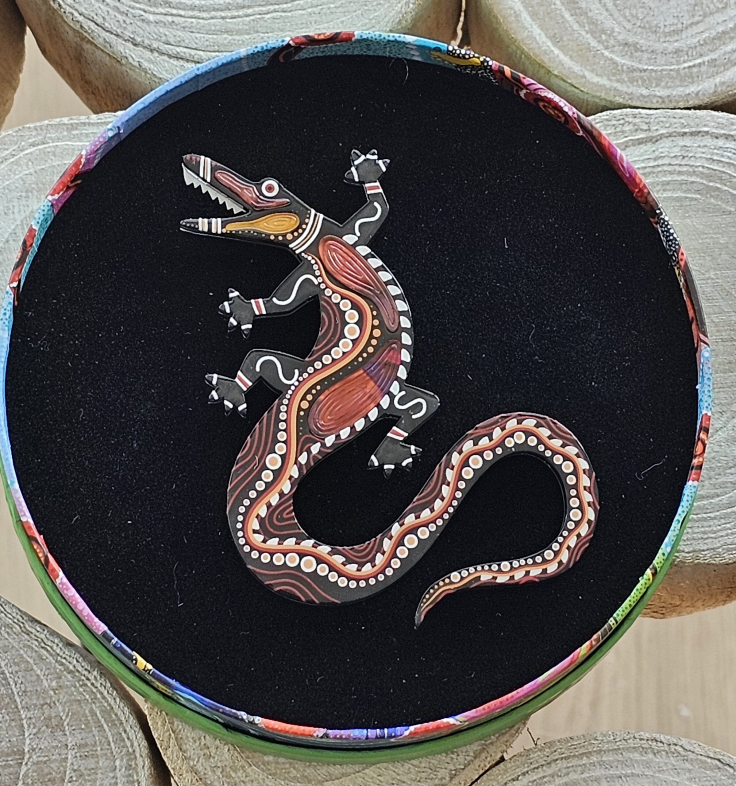 Erstwilder Brooch - Yurtu Yurtu (Crocodile) - morpeth antique centre hunter valley region erstwilder brooch earrings necklace hair clip indigenous art design dot painting brooke sutton flora fauna australian bird animal yurtu yurtu crocodile