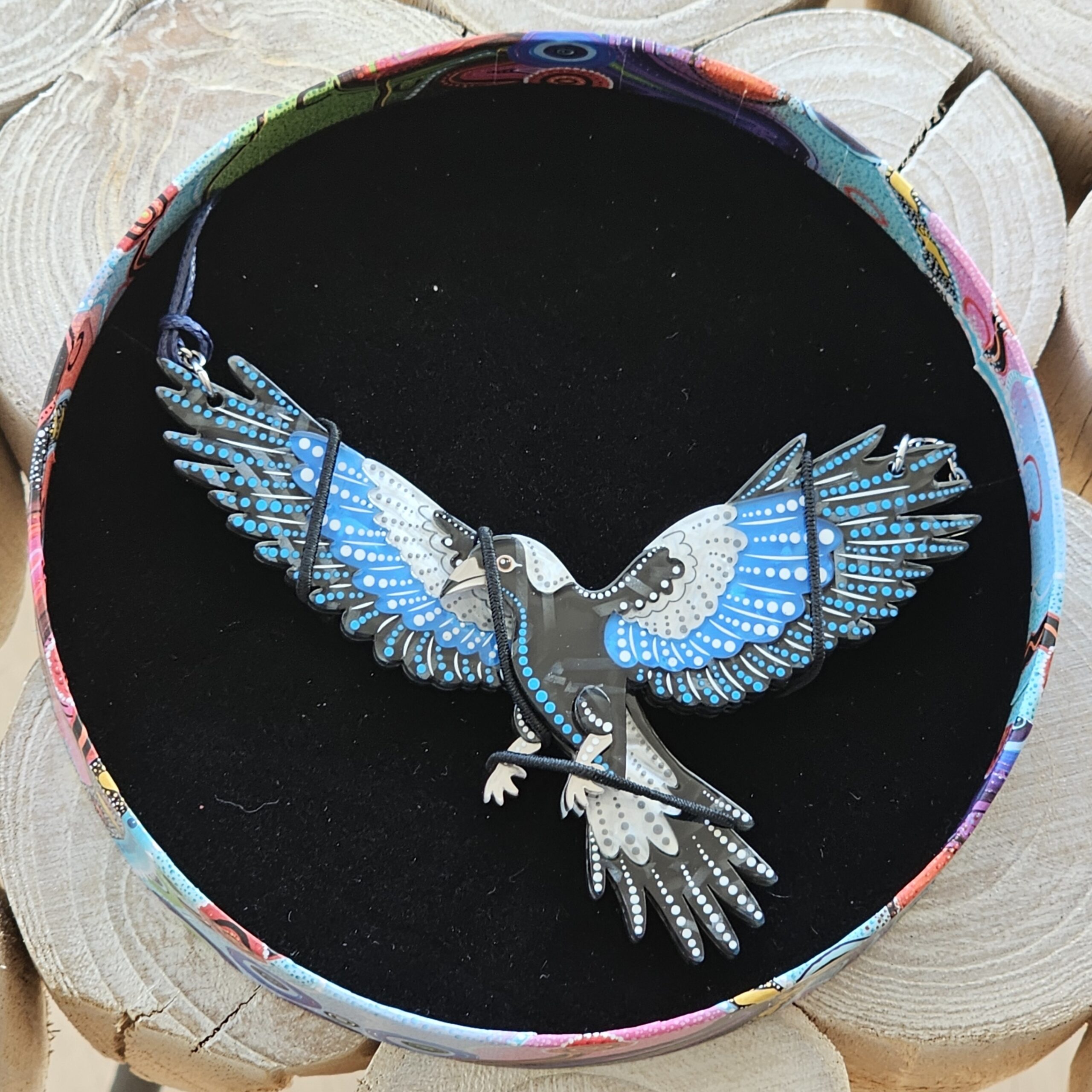 Erstwilder Necklace - Kulpurru (Magpie) - morpeth antique centre hunter valley region erstwilder brooch earrings necklace hair clip indigenous art design dot painting brooke sutton flora fauna australian bird animal kulpurru magpie
