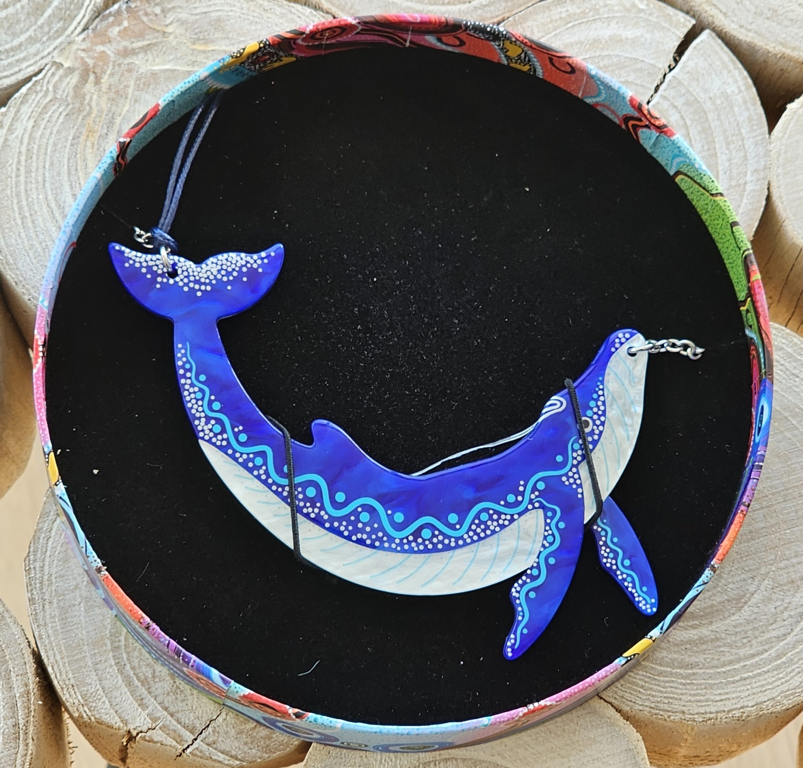 Erstwilder Necklace - Yuan Thirrin (Whale) - morpeth antique centre hunter valley region erstwilder brooch earrings necklace hair clip indigenous art design dot painting brooke sutton flora fauna australian bird animal yuan thirrin big fin humpback whale blue