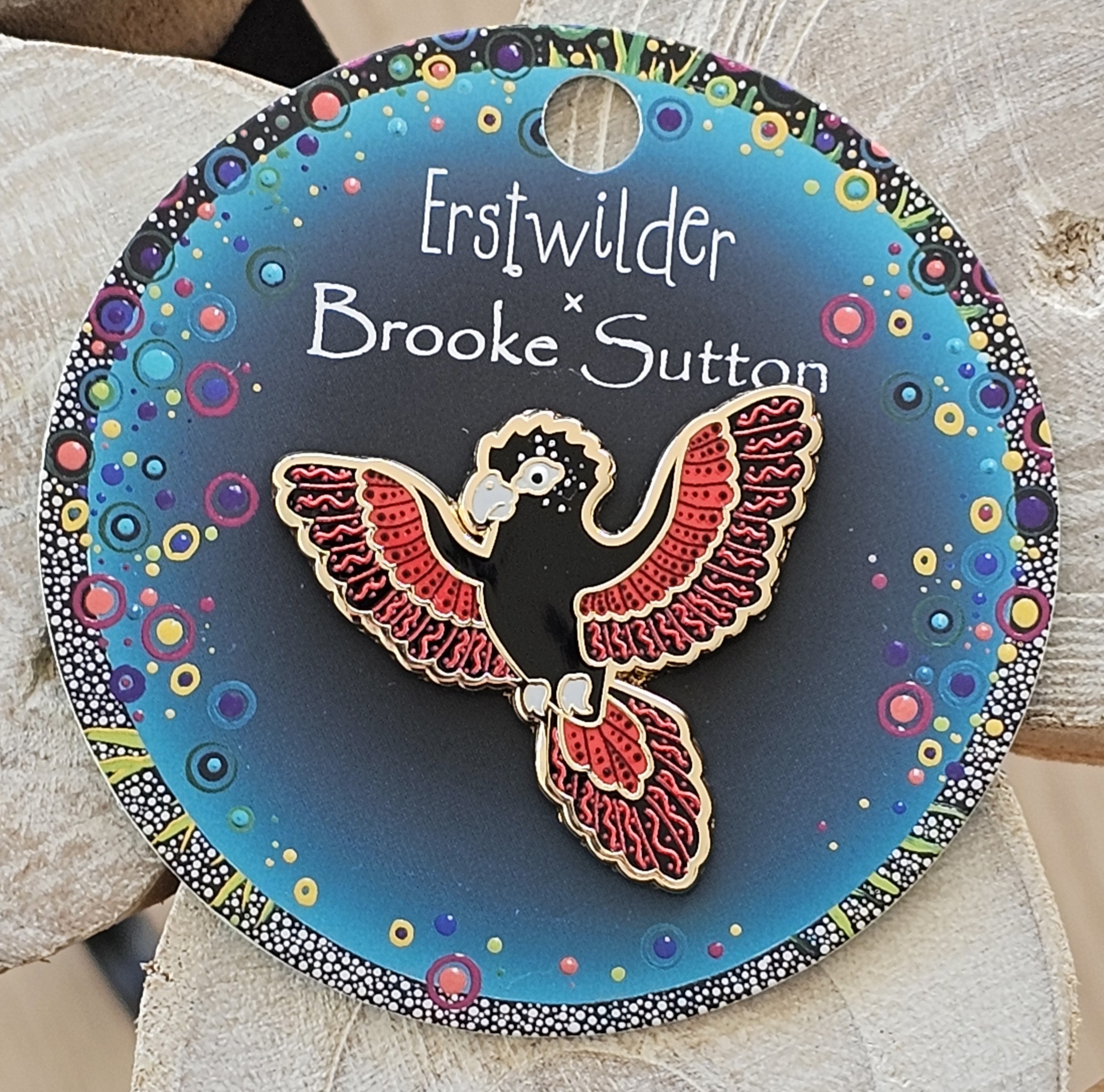 Ertwilder Enamel Pin - Kurri Kurri Marrpu - morpeth antique centre hunter valley region erstwilder brooch earrings necklace hair clip indigenous art design dot painting brooke sutton flora fauna australian bird animal red tail black cockatoo