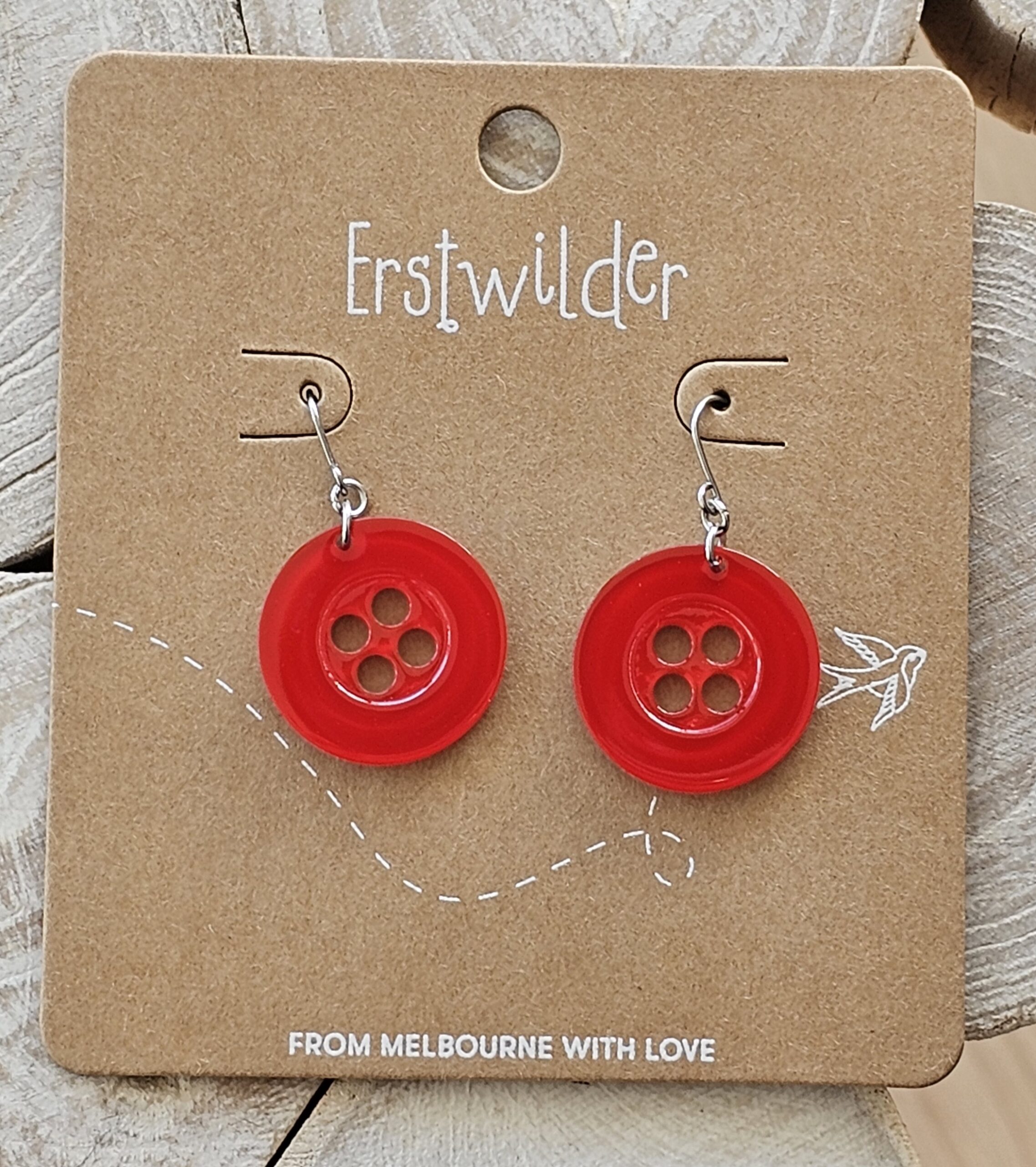 Erstwilder Earrings - Button Red Drop - morpeth antique centre hunter valley region erstwilder brooch earrings necklace hair clip arts and crafts the sharp end of style sewing scissors button red drop