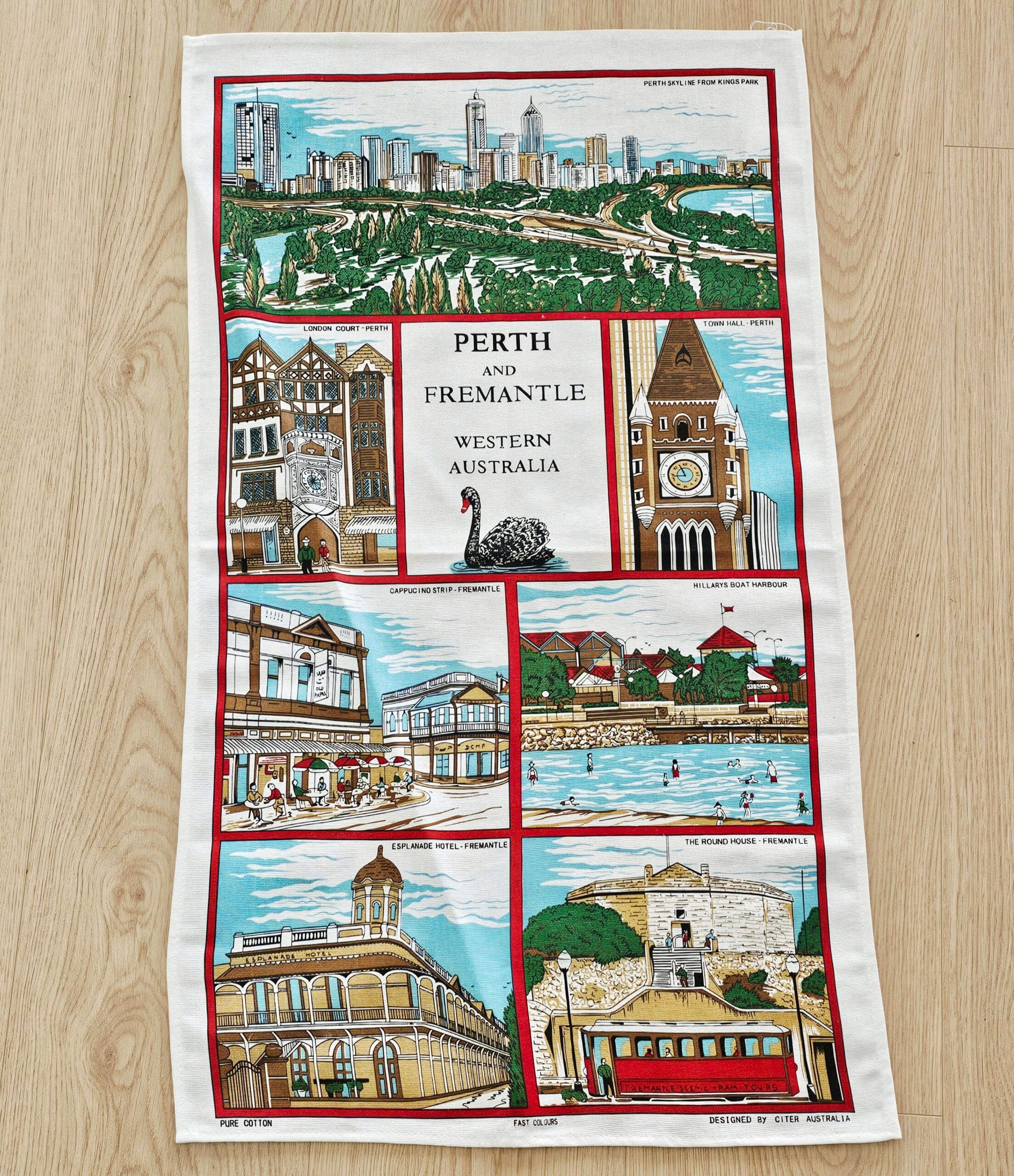Teatowel - Perth & Fremantle, WA - morpeth antique centre hunter valley region vintage tea towel kitchen cotton linen road trips perth fremantle western australia