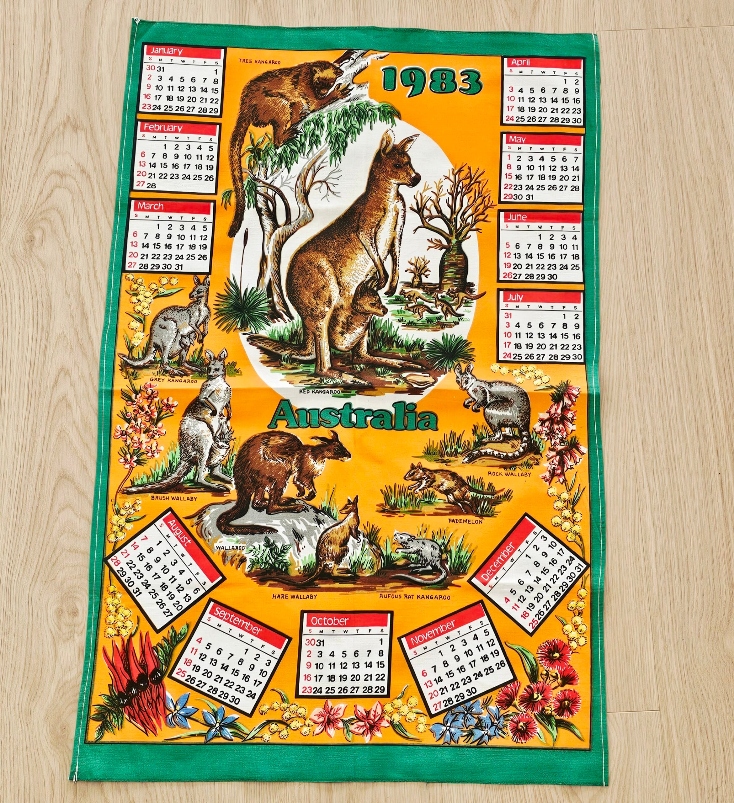 Teatowel - Calendar 1983 - morpeth antique centre hunter valley region vintage tea towel kitchen cotton linen road trips calendar 1983