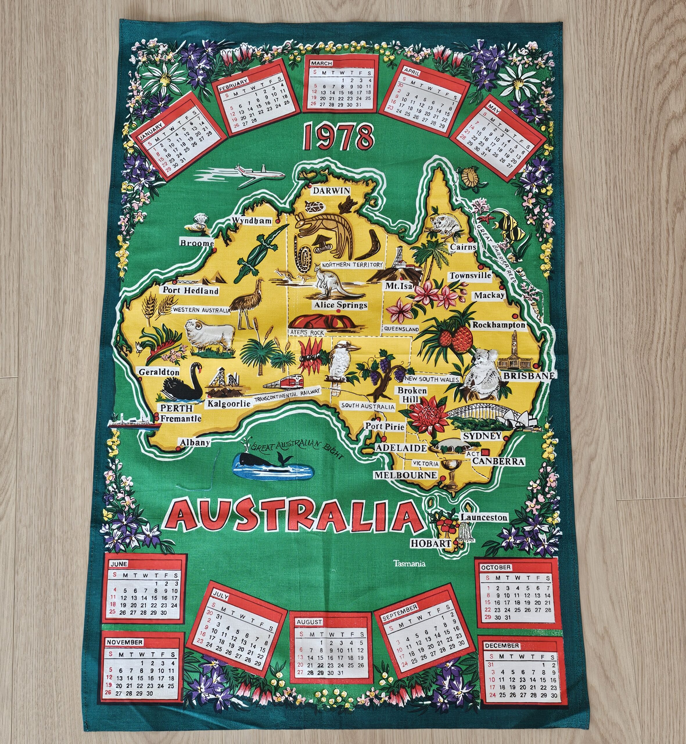 Teatowel - Calendar 1978 - morpeth antique centre hunter valley region vintage tea towel kitchen cotton linen road trips calendar 1978 map australia