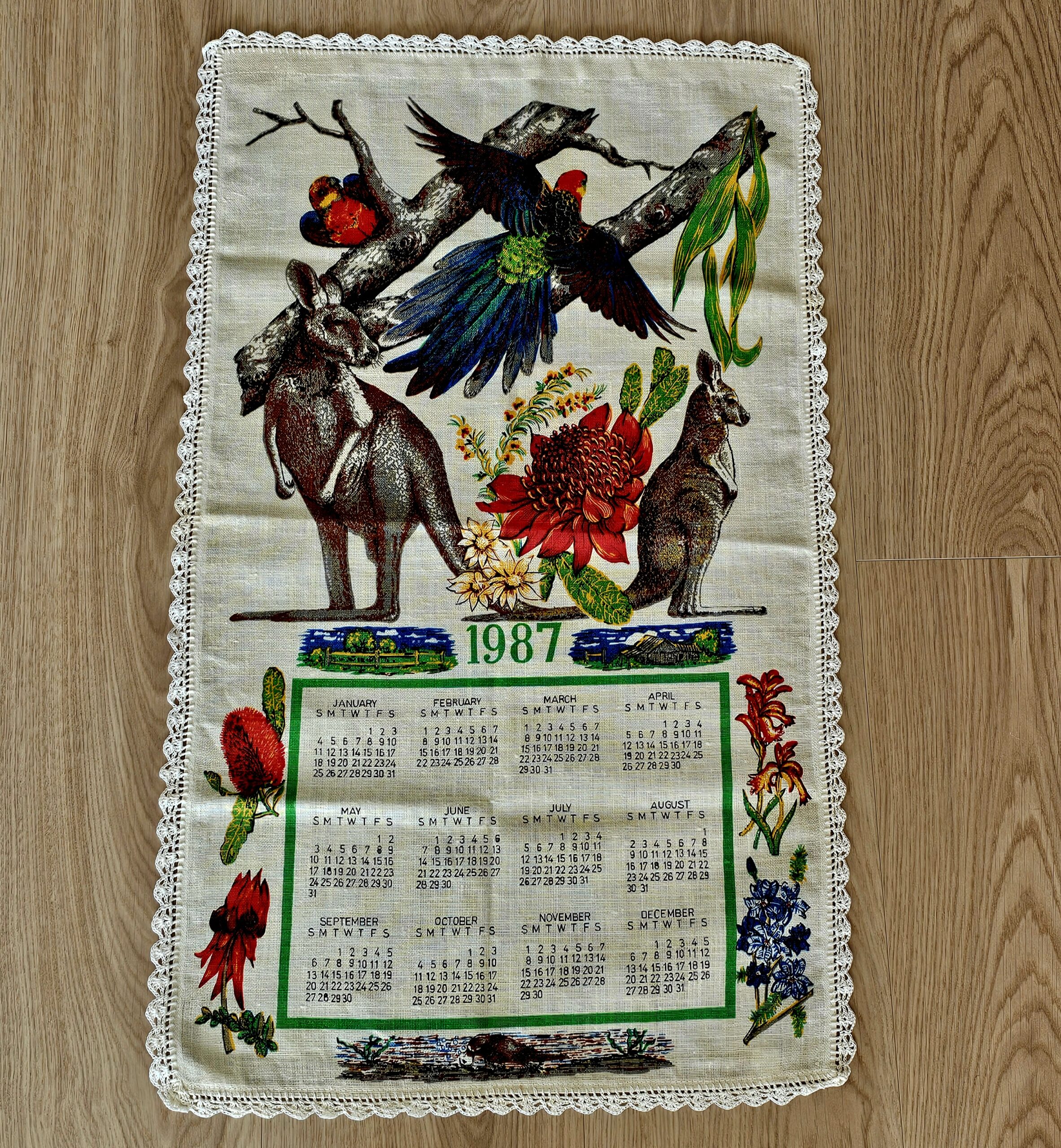 Teatowel - Calendar 1987 - morpeth antique centre hunter valley region vintage tea towel kitchen cotton linen road trips calendar 1987 australian fauna birds flora flowers