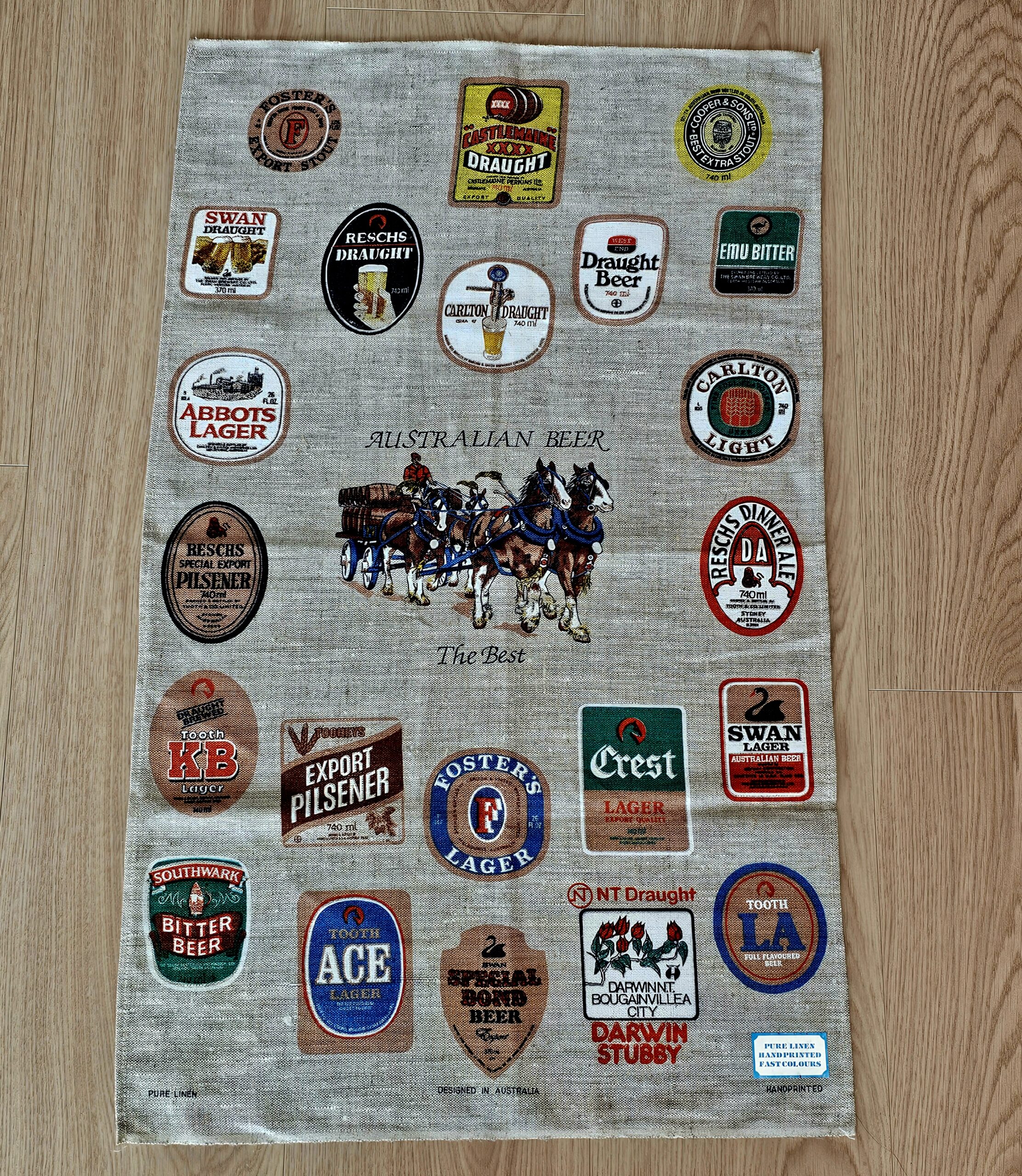 Teatowel - Australian Beer - morpeth antique centre hunter valley region vintage tea towel kitchen cotton linen road trips australian beer brands companies labels