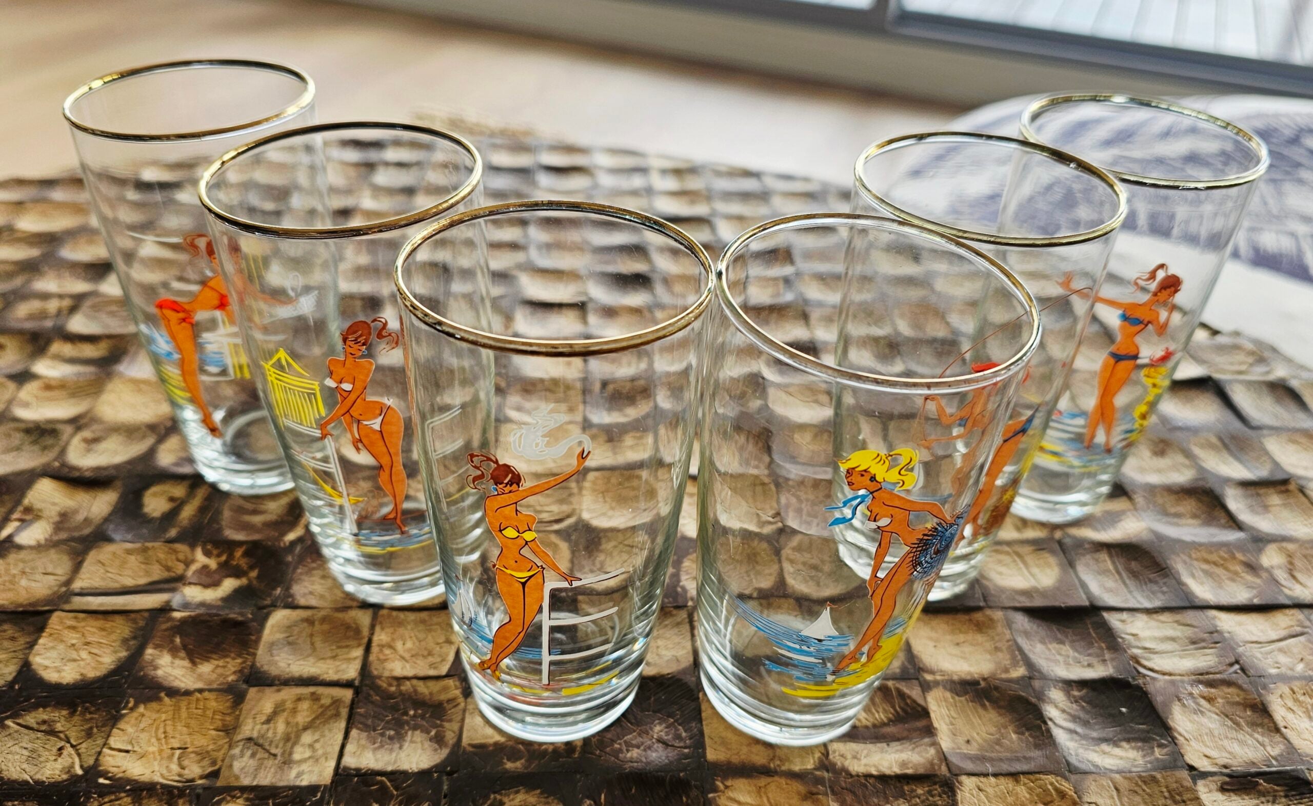 Vintage Glass Set of Six - Bathing Beauties - morpeth antique centre hunter valley region vintage 1950's pin up bathing girls seaside ocean swimmers bikini resort bathing beauties glass drinking