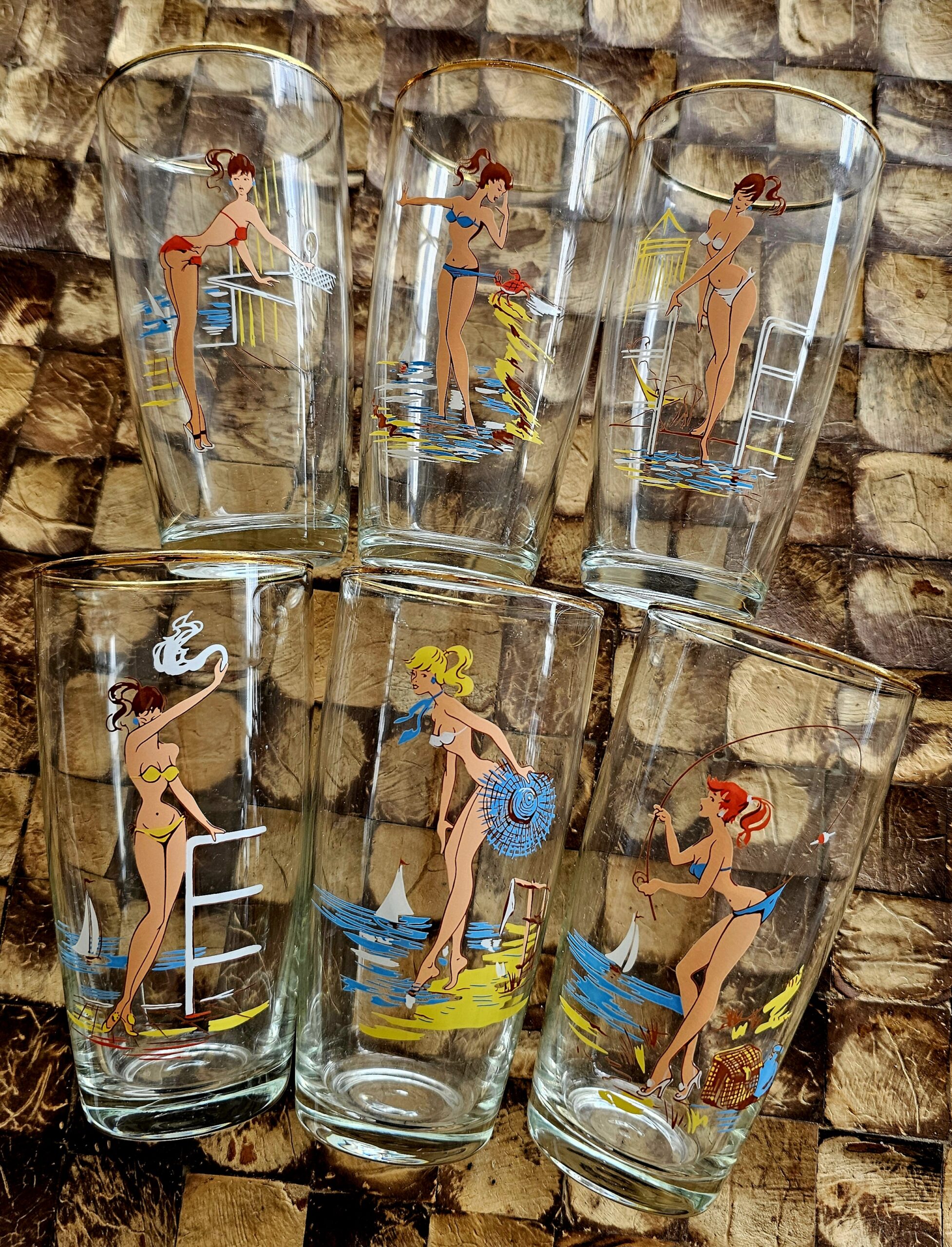 Vintage Glass Set of Six - Bathing Beauties - morpeth antique centre hunter valley region vintage 1950's pin up bathing girls seaside ocean swimmers bikini resort bathing beauties