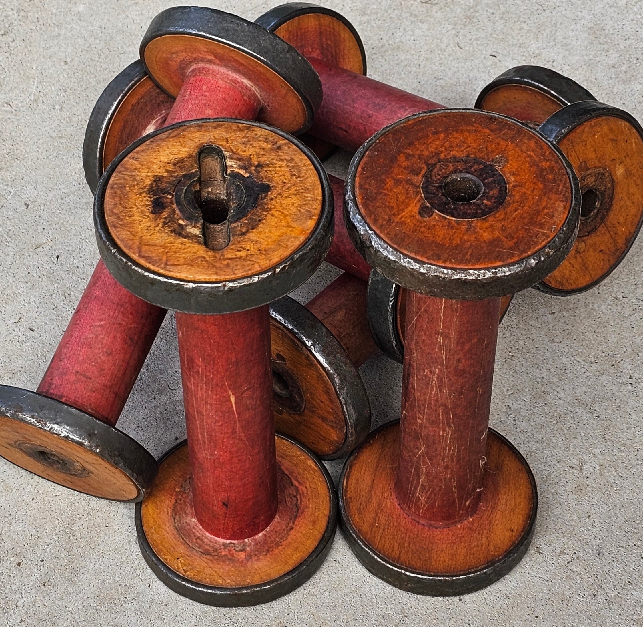 Bobbin - Finishing (Red) - morpeth antique centre hunter valley region vintage textile wooden bobbin finishing red green metal band ends industrial english canadian american timber