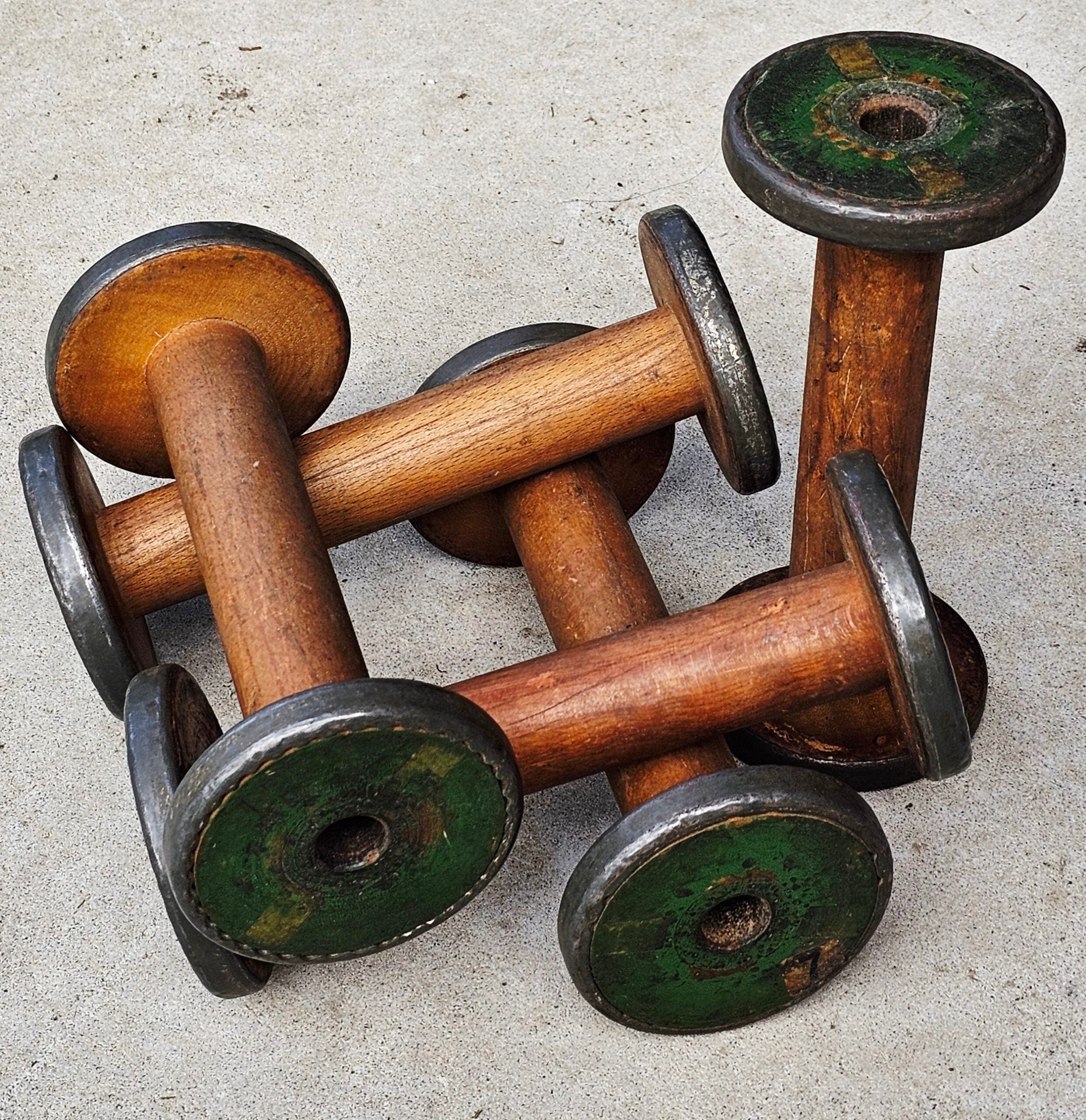 Bobbin - Finishing (Green Ends) - morpeth antique centre hunter valley region vintage textile wooden bobbin finishing red green metal band ends industrial english canadian american timber