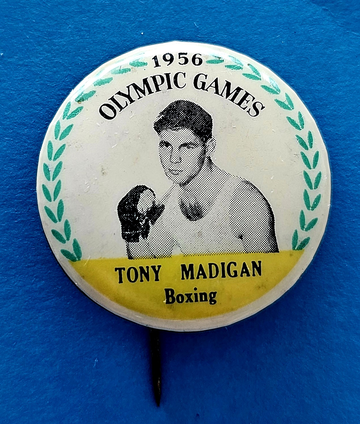 Olympic Games Badge - Tony Madigan - morpeth antique centre hunter valley region vintage olympic games tony madigan boxing 1956 melbourne pin badge