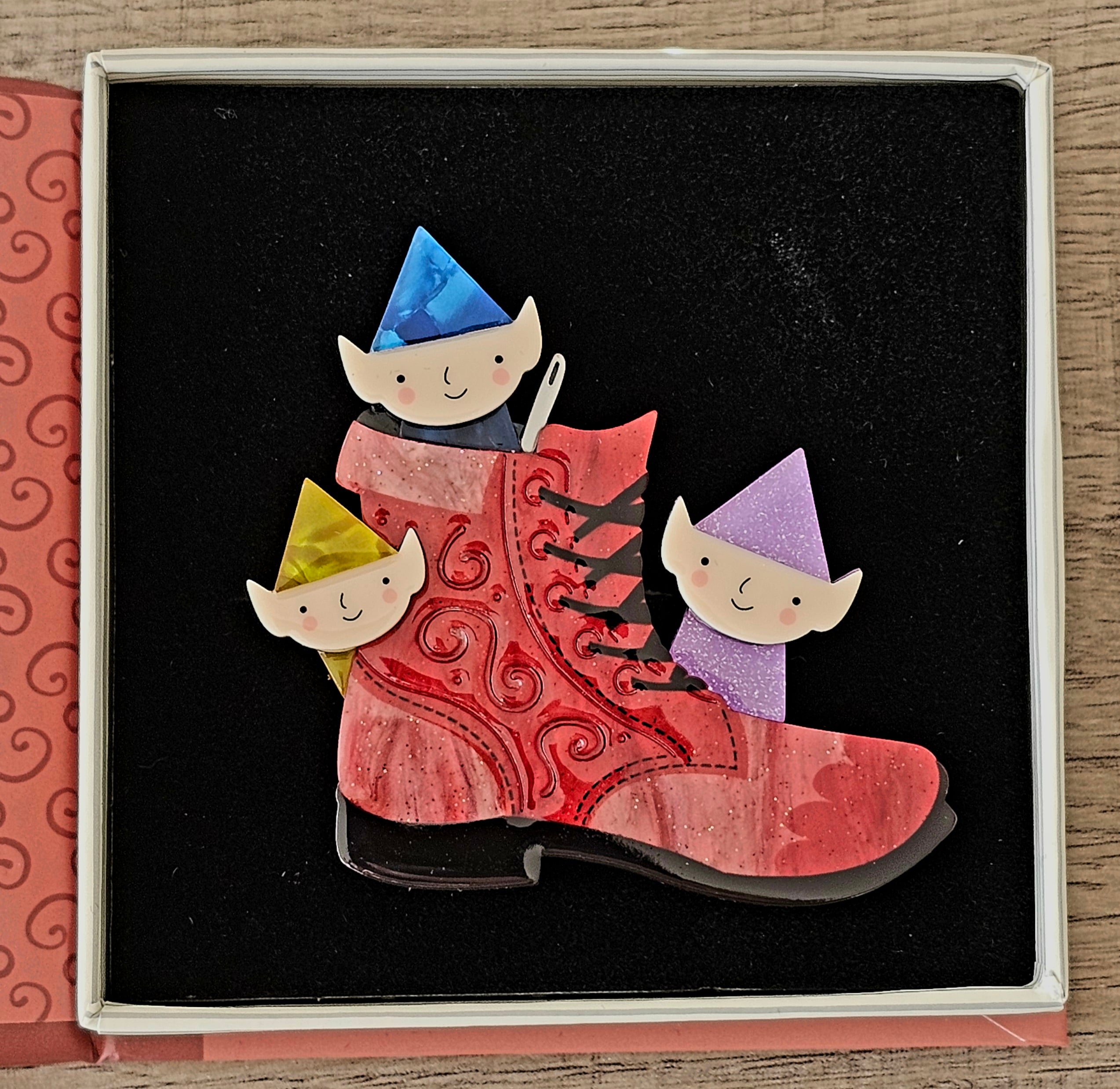 Erstwilder Brooch - Business Accumen - morpeth antique centre hunter valley region vintage erstwilder brooch earrings wall art necklace enamel pin mini pete cromer fairy tales fables aesop resin collectable business accumen elves shoemaker