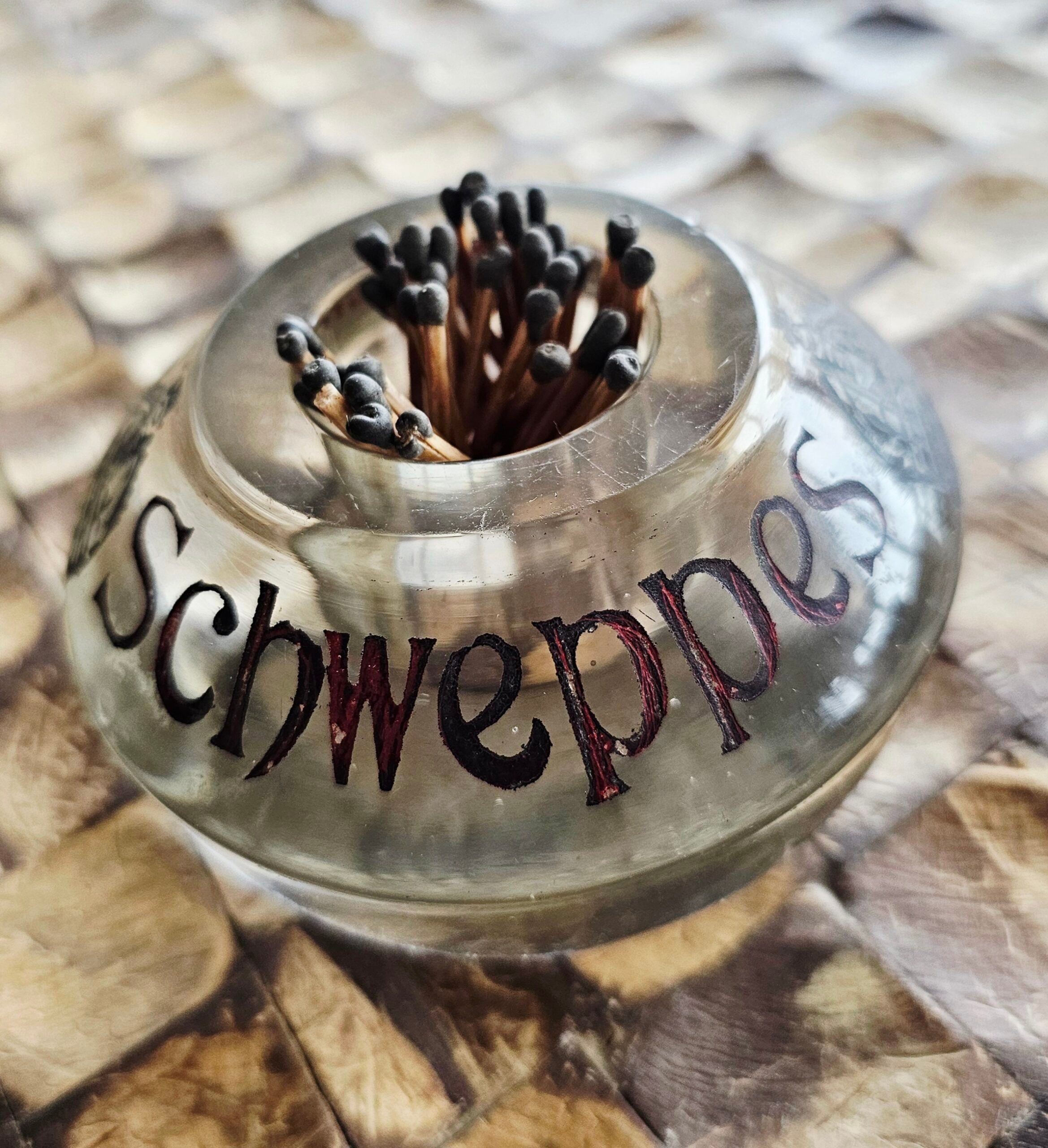 Match Striker - Schweppes Tablewater - morpeth antique centre hunter valley region vintage schweppes tablewater match striker king's crown edward george glass paperweight candleholder ash tray promotional advertising