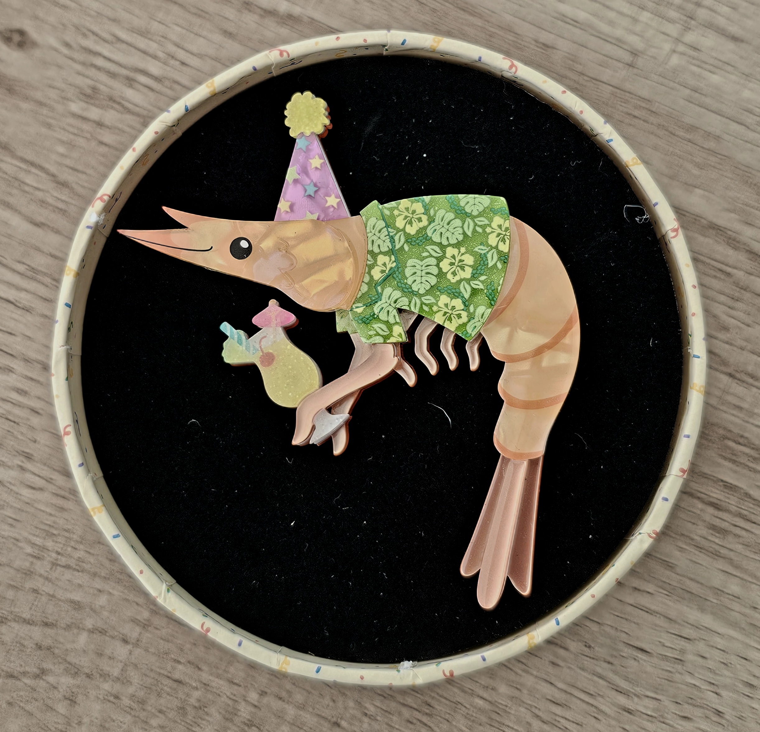 Erstwilder Brooch - Pascal the Party Prawn - morpeth antique centre hunter valley region erstwilder collectable brooch prawn crustecean king pascal's prawn parade party princess parisian