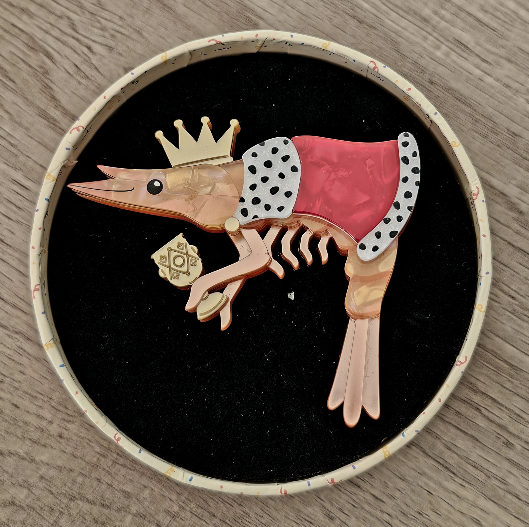 Erstwilder Brooch - Pascal the King Prawn - morpeth antique centre hunter valley region erstwilder collectable brooch prawn crustecean king pascal's prawn parade party princess parisian