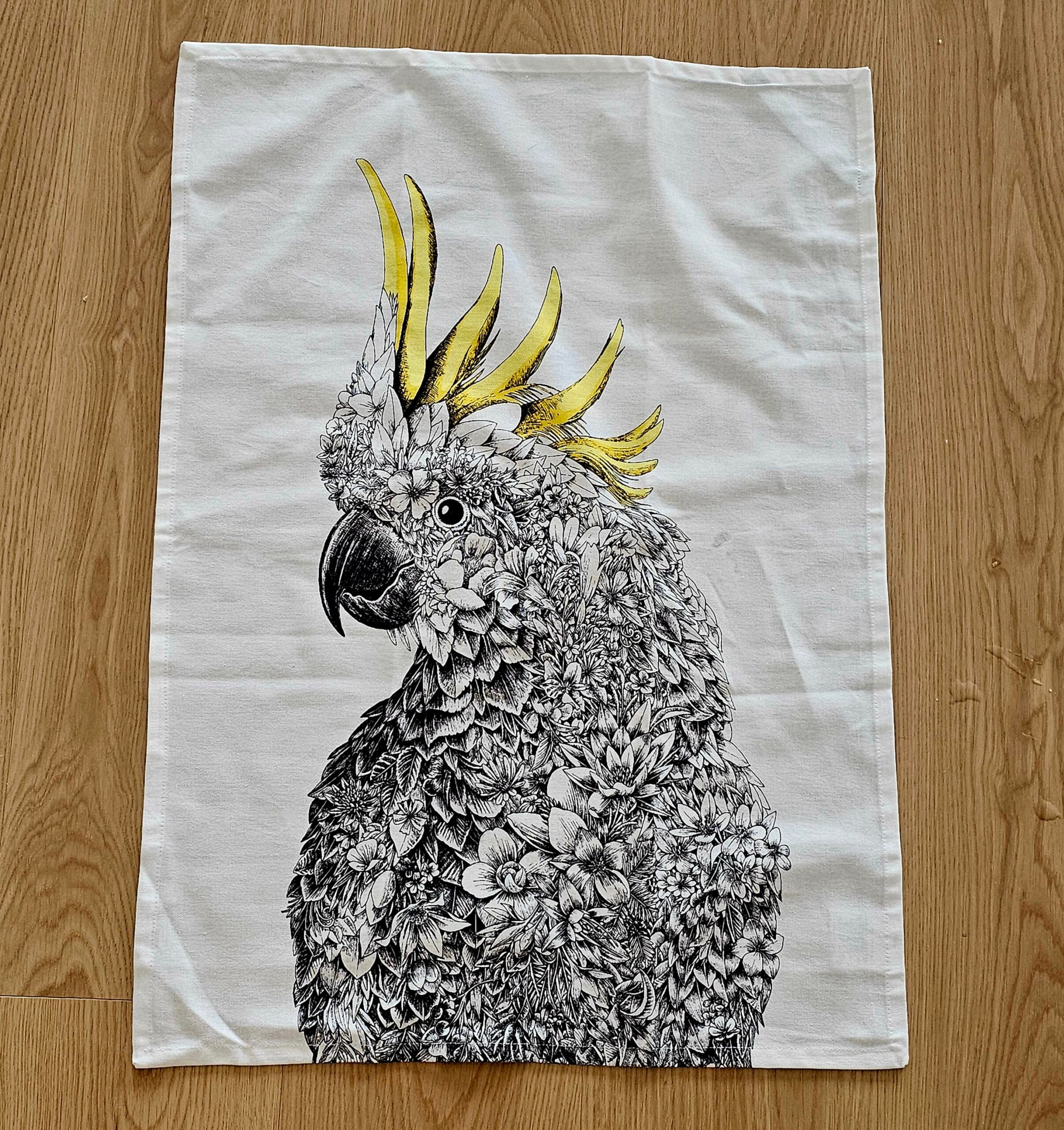 Teatowel - Sulphur Crested Cockatoo - morpeth antique centre hunter valley region tea towel road trip linen cotton blend irish australian world international cockatoo sulphur crested