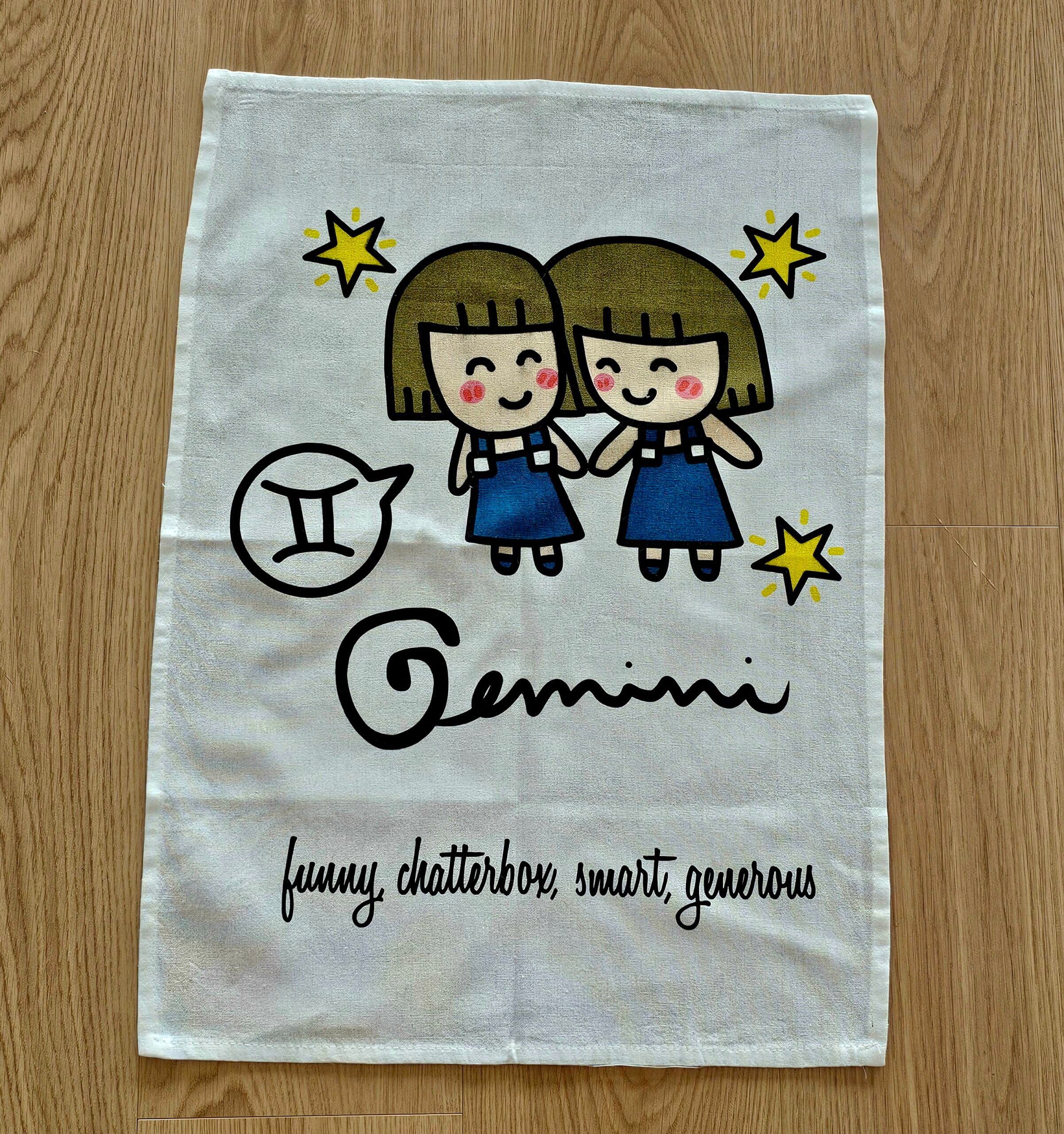 Teatowel - Gemini - morpeth antique centre hunter valley region tea towel road trip linen cotton blend irish australian world international gemini star sign