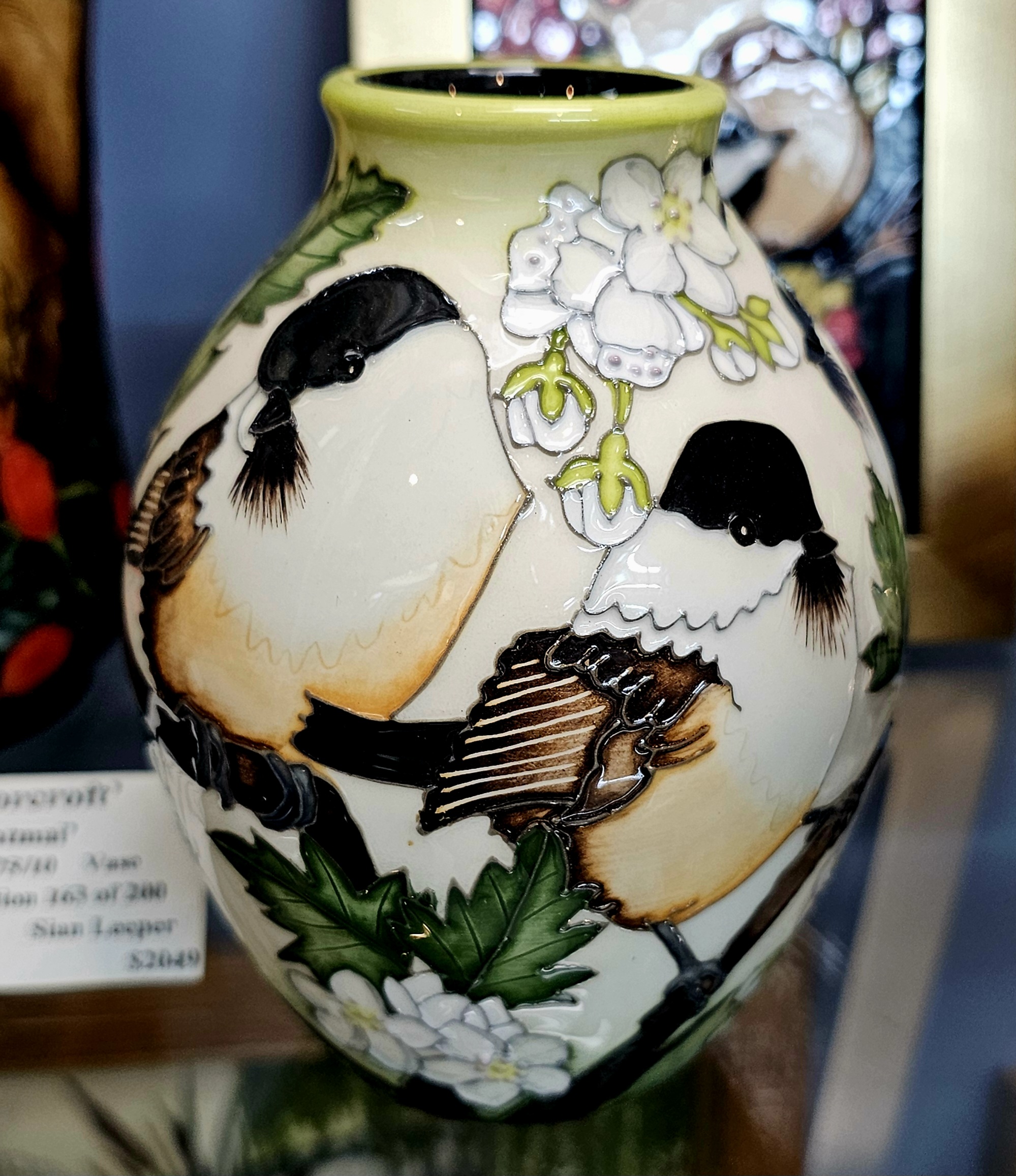 Moorcroft Pottery Vase - Willow Tits - morpeth antique centre hunter valley region moorcroft pottery england stoke on trent ceramics pottery william walter rachel bishop vivki lovett willow tits birds finch