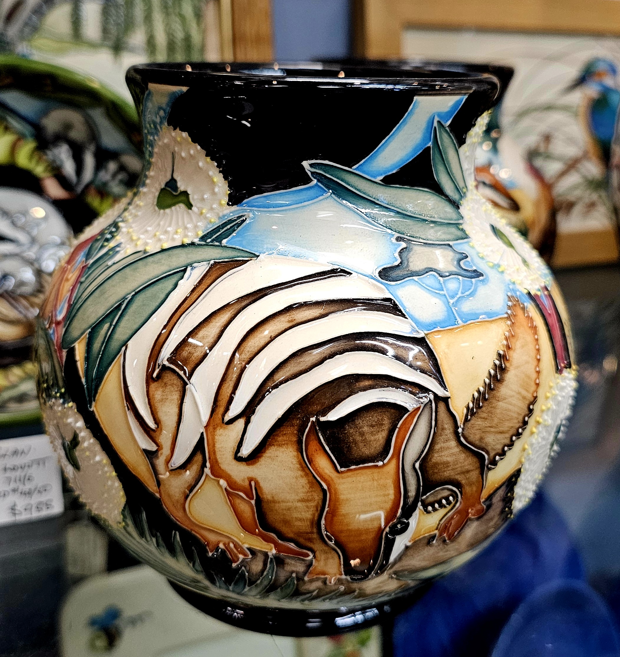 Moorcroft Pottery Vase - Nibble Numbats - morpeth antique centre hunter valley region moorcroft pottery england stoke on trent ceramics pottery william walter rachel bishop vivki lovett nibble numbats australian native marsupial