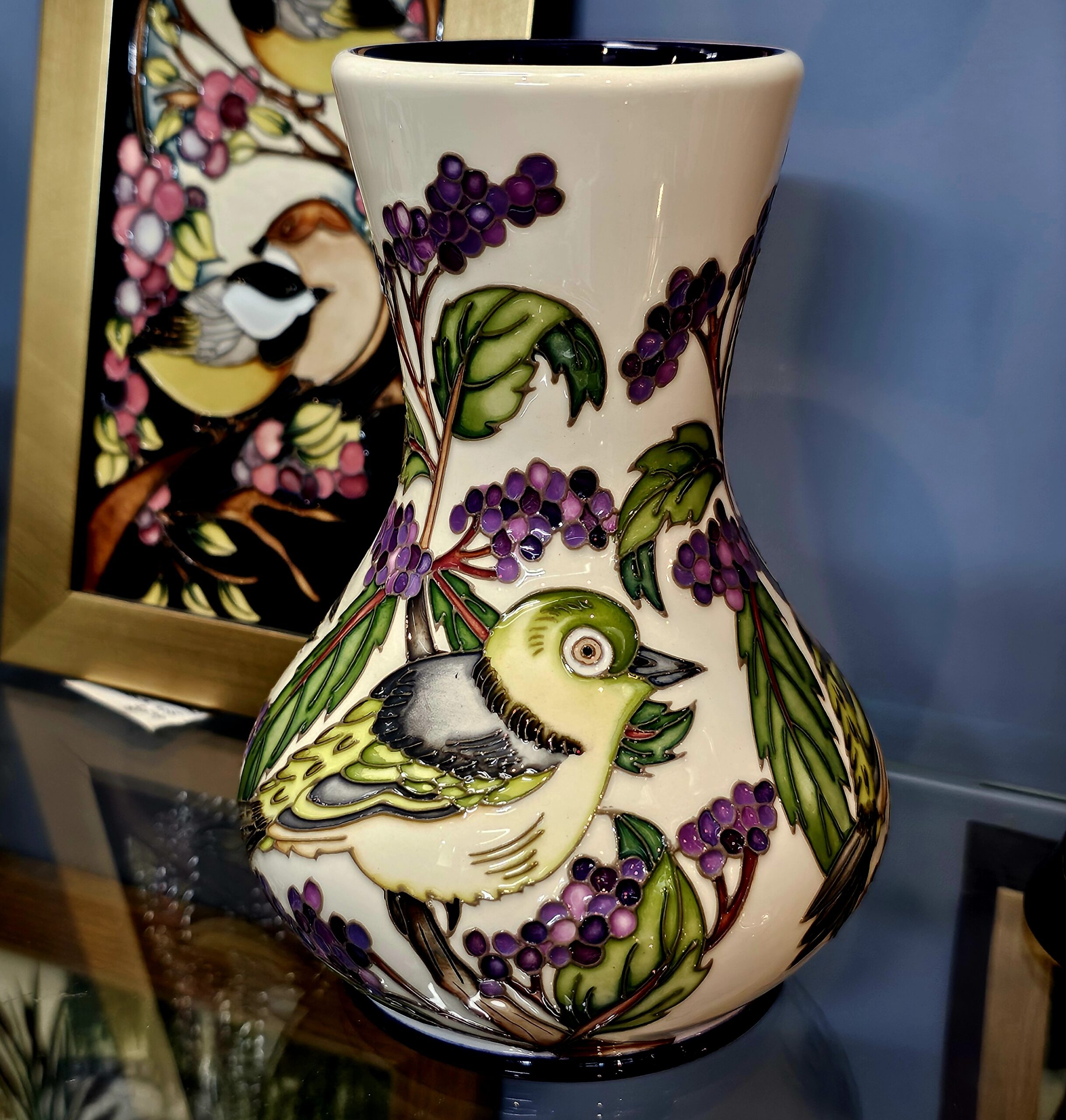 Moorcroft Pottery Vase - Silvereye - morpeth antique centre hunter valley region moorcroft pottery england stoke on trent ceramics pottery william walter rachel bishop vivki lovett silver eye bird