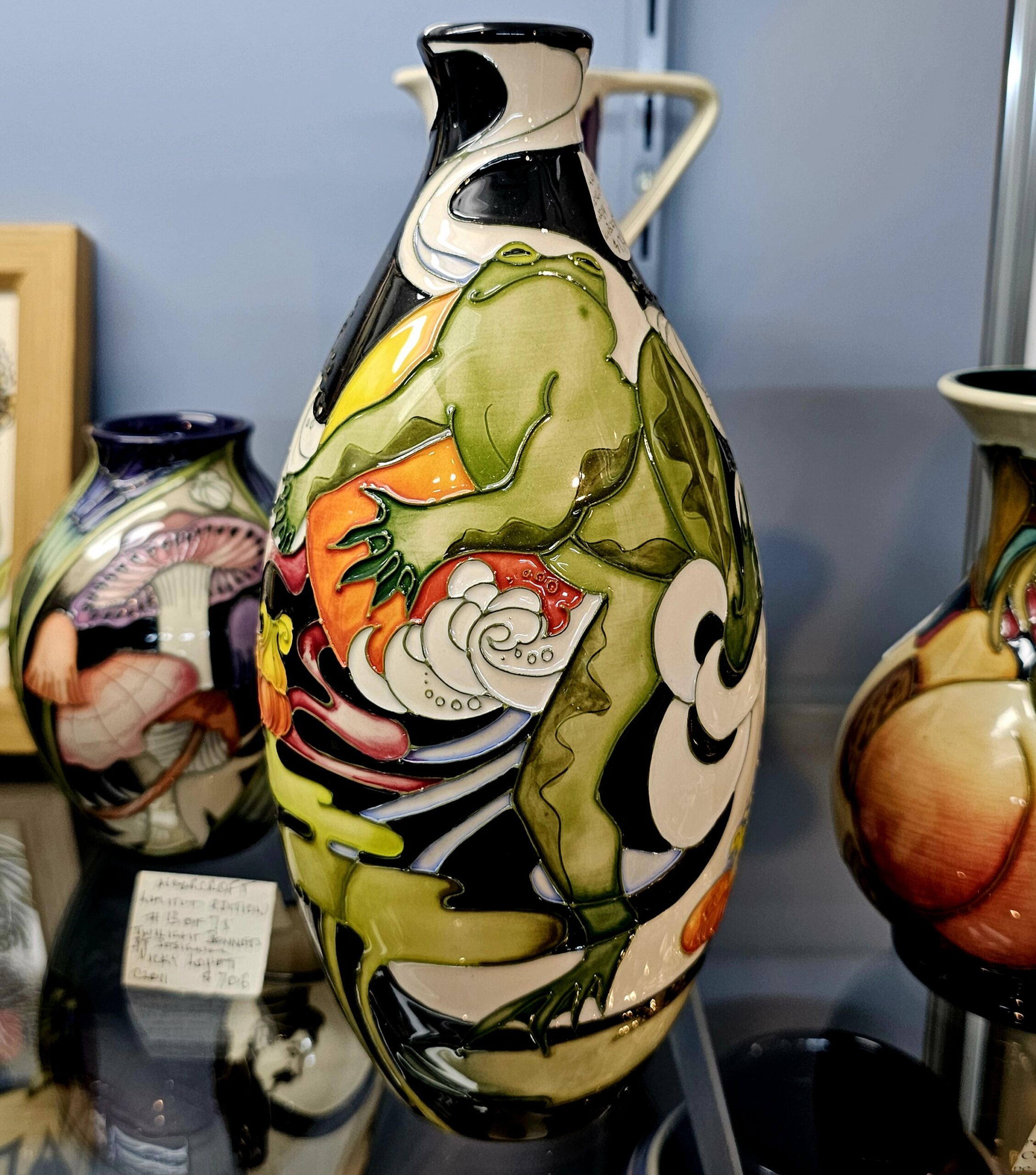 Moorcroft Pottery Vase - Waterlily Leap - morpeth antique centre hunter valley region moorcroft pottery england stoke on trent ceramics pottery william walter rachel bishop vivki lovett twilight bonnets lidded jar toadstool mushrooms kerry goodwin waterlily leap