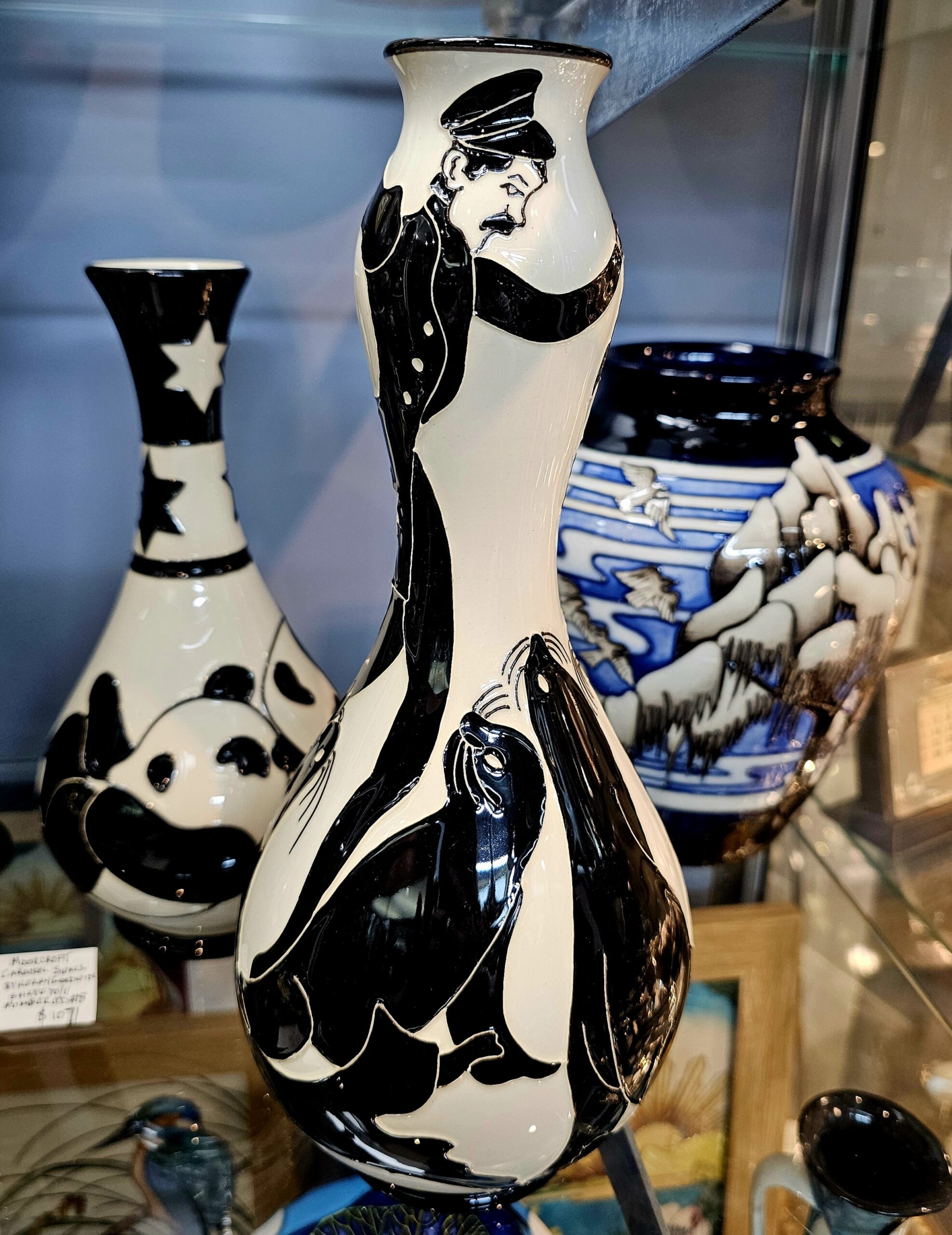 Moorcroft Pottery Vase - Carousel Seals - morpeth antique centre hunter valley region moorcroft pottery england stoke on trent ceramics pottery william walter rachel bishop vivki lovett kerry goodwin carousel seals
