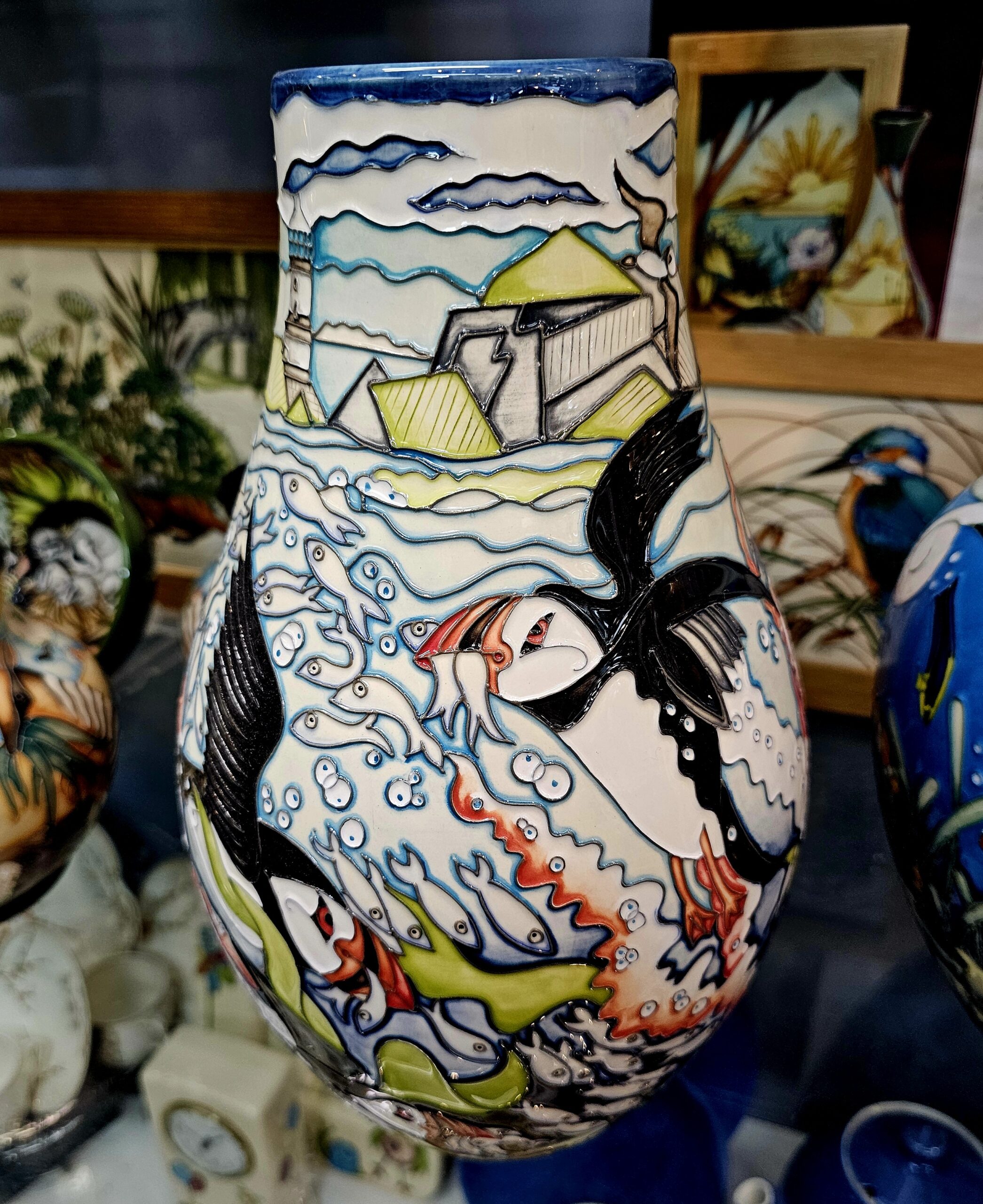Moorcroft Pottery vase - Skomer Island Puffins - morpeth antique centre hunter valley region moorcroft pottery england stoke on trent ceramics pottery william walter rachel bishop vicki lovett kerry goodwin skomer island puffins