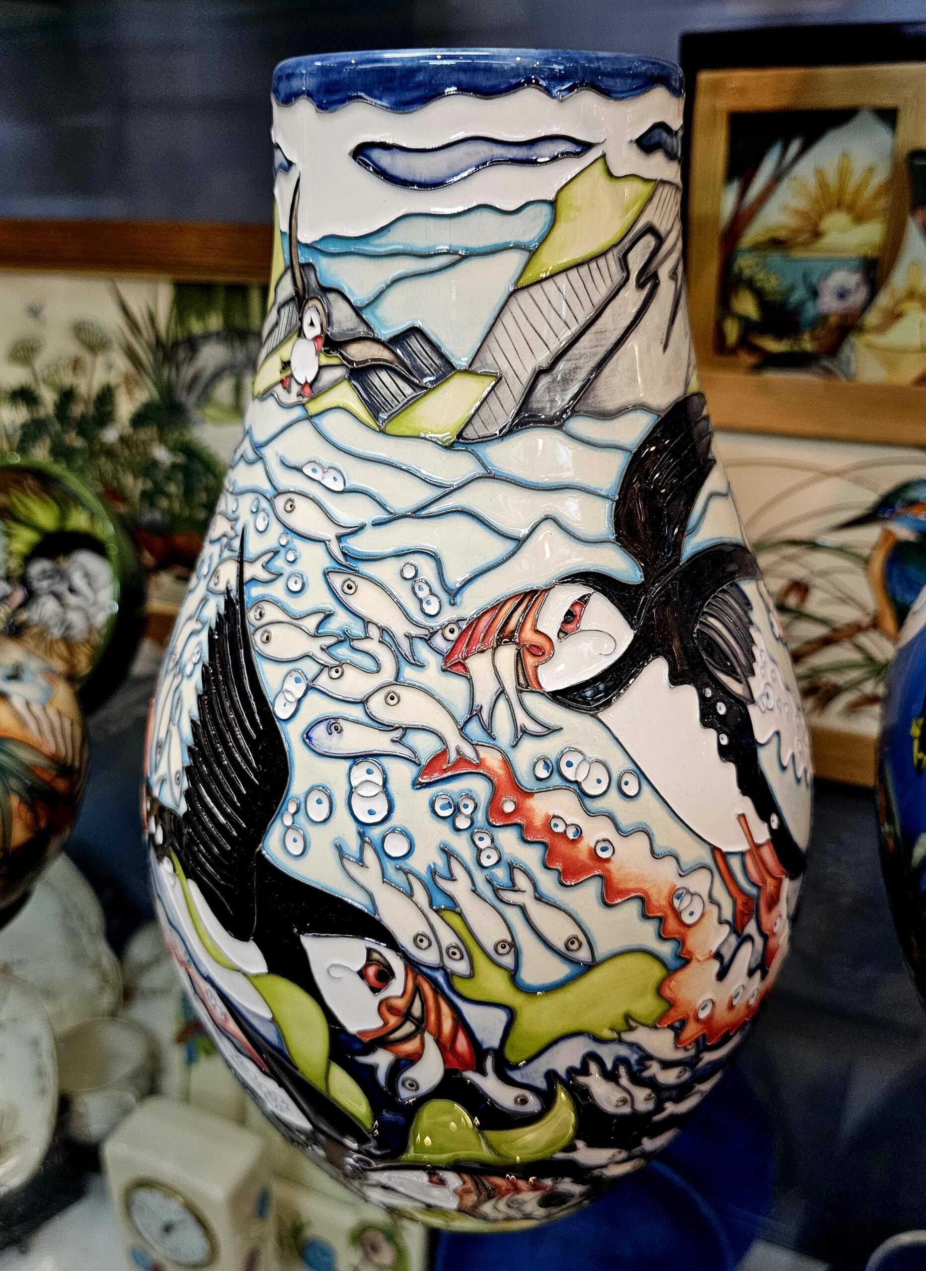 Moorcroft Pottery vase - Skomer Island Puffins - morpeth antique centre hunter valley region moorcroft pottery england stoke on trent ceramics pottery william walter rachel bishop vicki lovett kerry goodwin skomer island puffins
