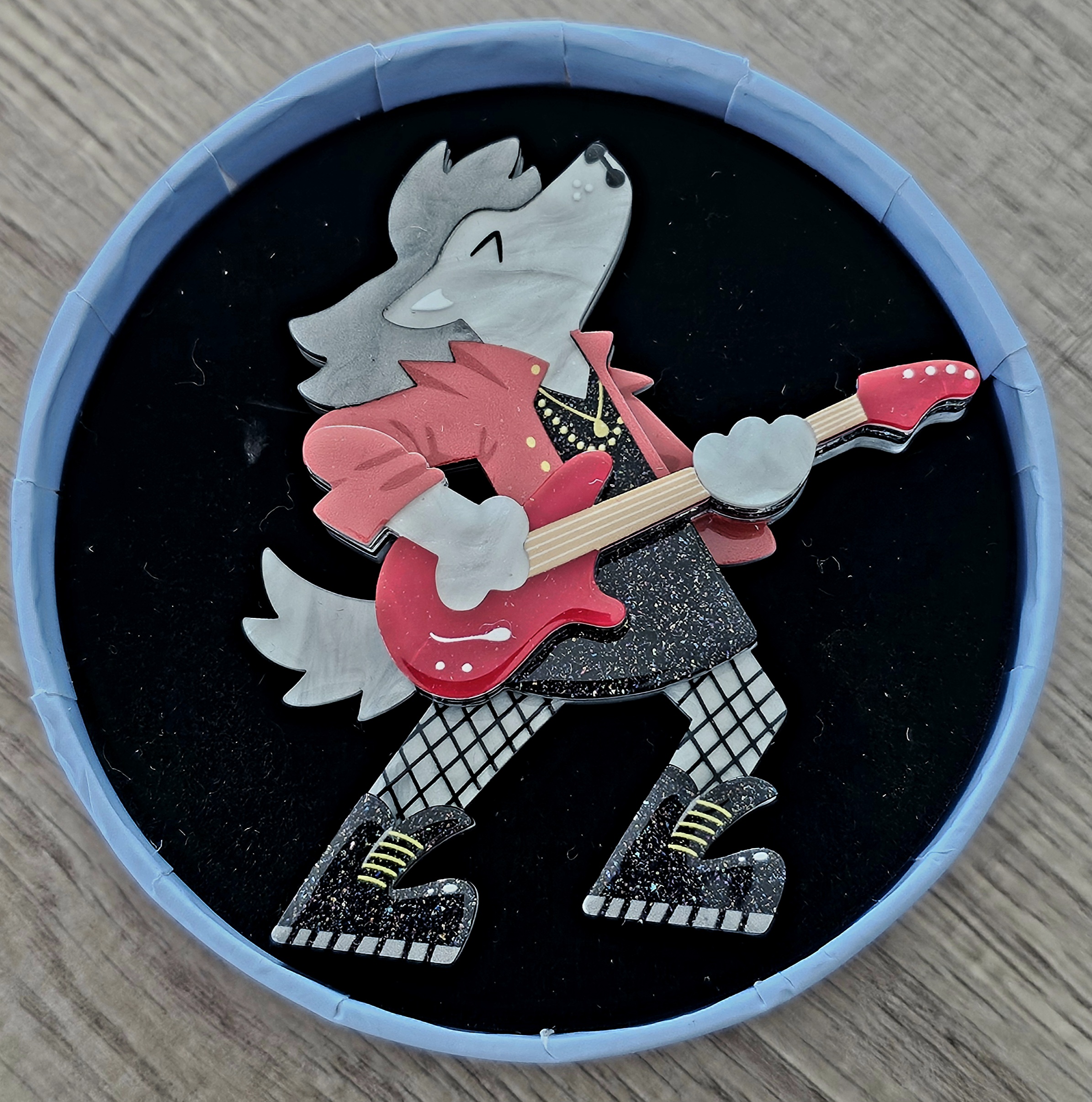 Erstwilder Brooch - Howl Shredder - morpeth antique centre hunter valley region erstwilder collectable professions hobbies career animals wild at work brooch wolf howl shredder musician rock star god guitarist electric bass