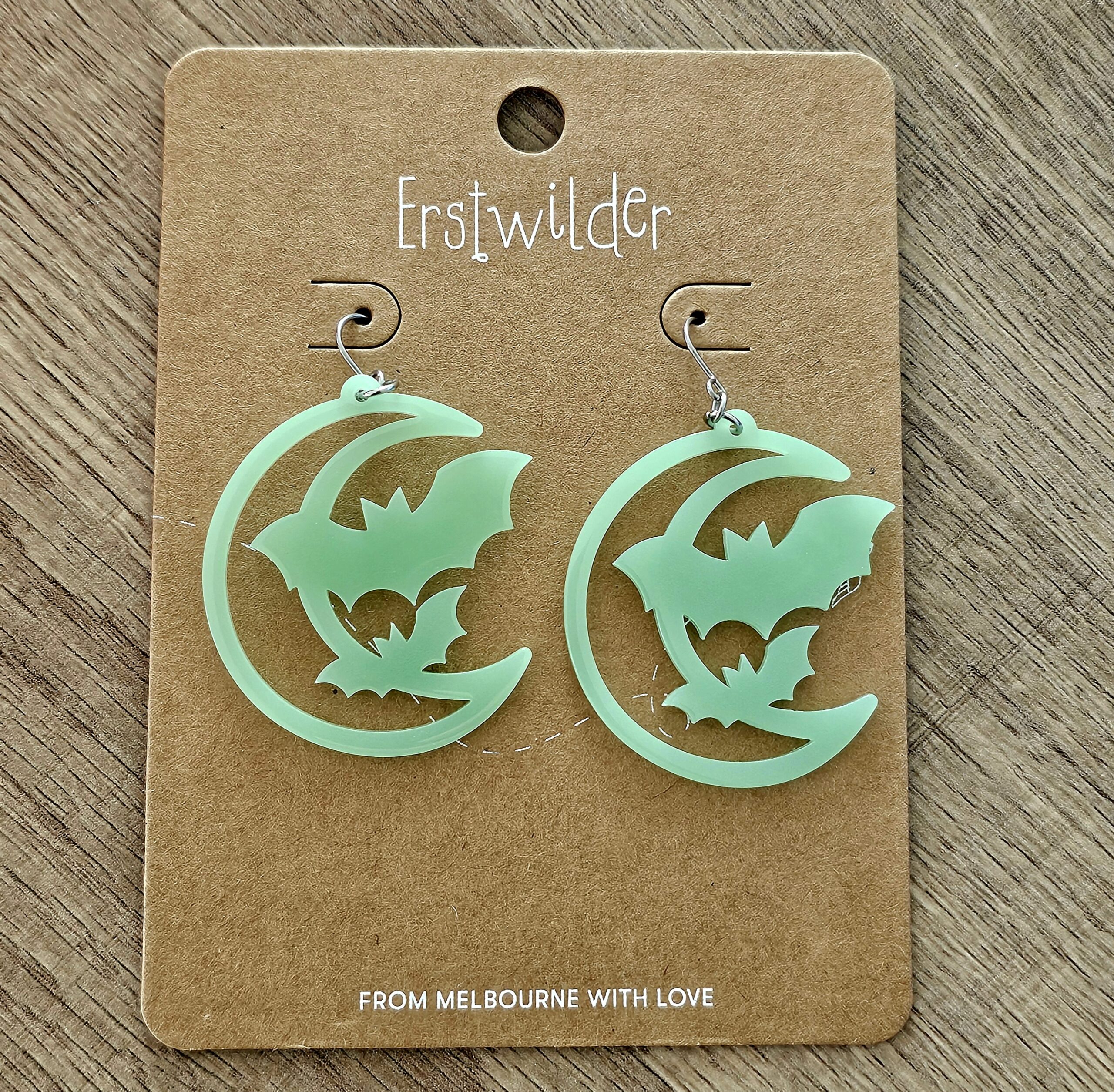 Erstwilder Earrings - Moon & Bat (Glow in Dark) - morpeth antique centre hunter valley region erstwilder collectable professions hobbies career animals wild at work brooch moon bats glow in dark