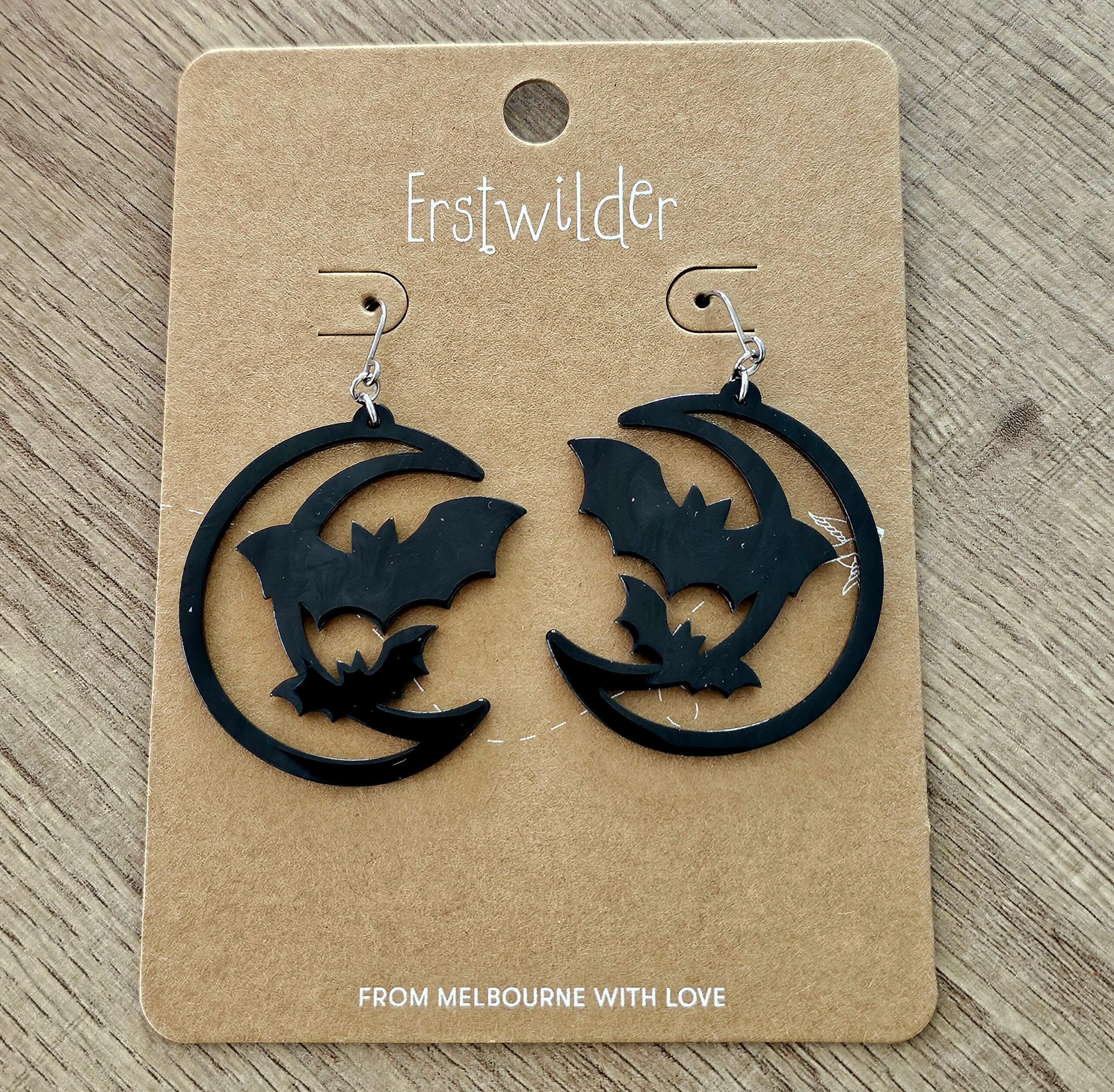 Erstwilder Earrings - Moon & Bat (Black) - morpeth antique centre hunter valley region erstwilder collectable earrings necklace halloween midnight mischief spooky brooch mini moon bats