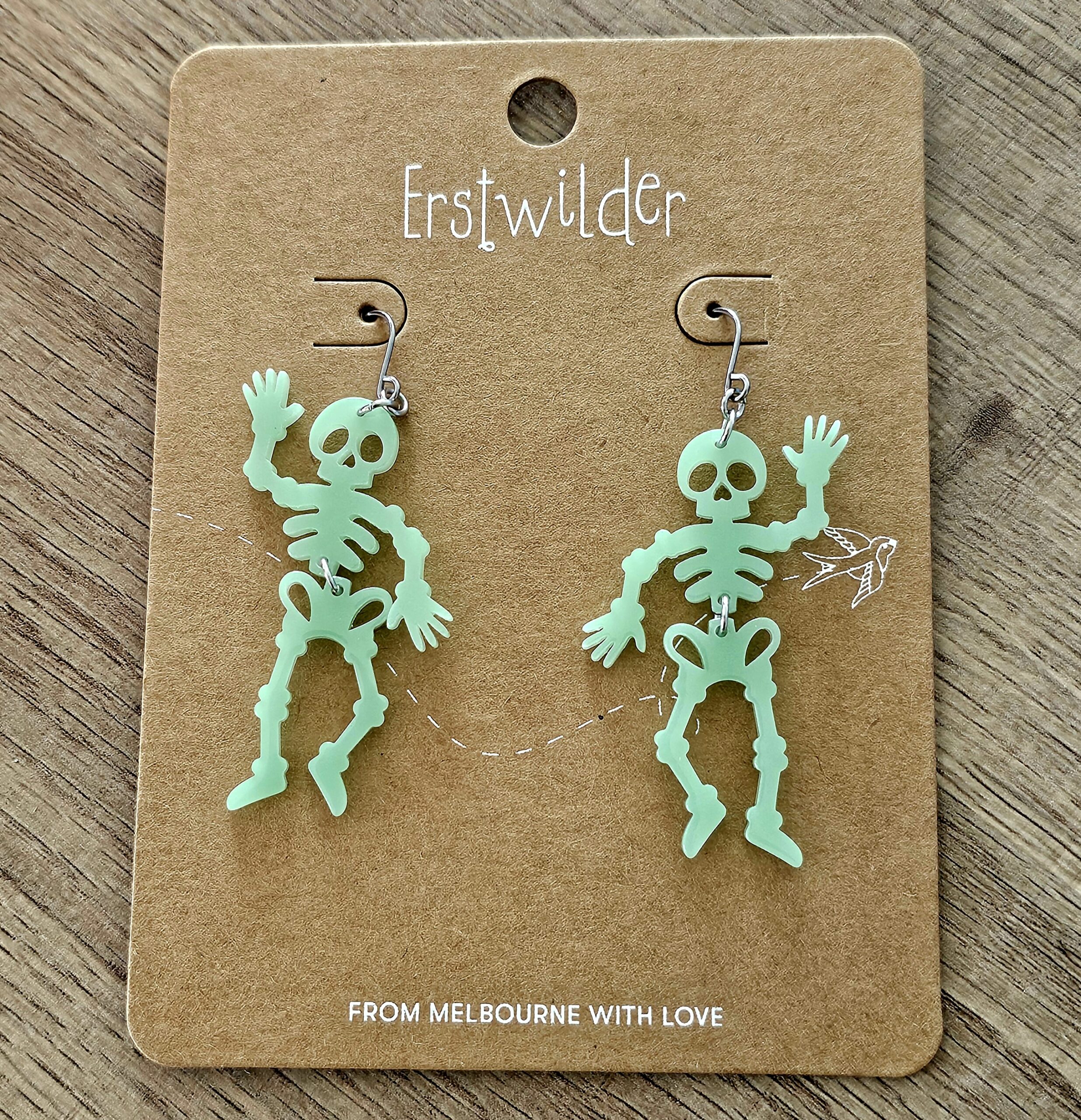Erstwilder Earrings - Skeleton (Glow in Dark) - morpeth antique centre hunter valley region erstwilder collectable earrings necklace halloween midnight mischief spooky brooch mini skeleton glow in the dark green