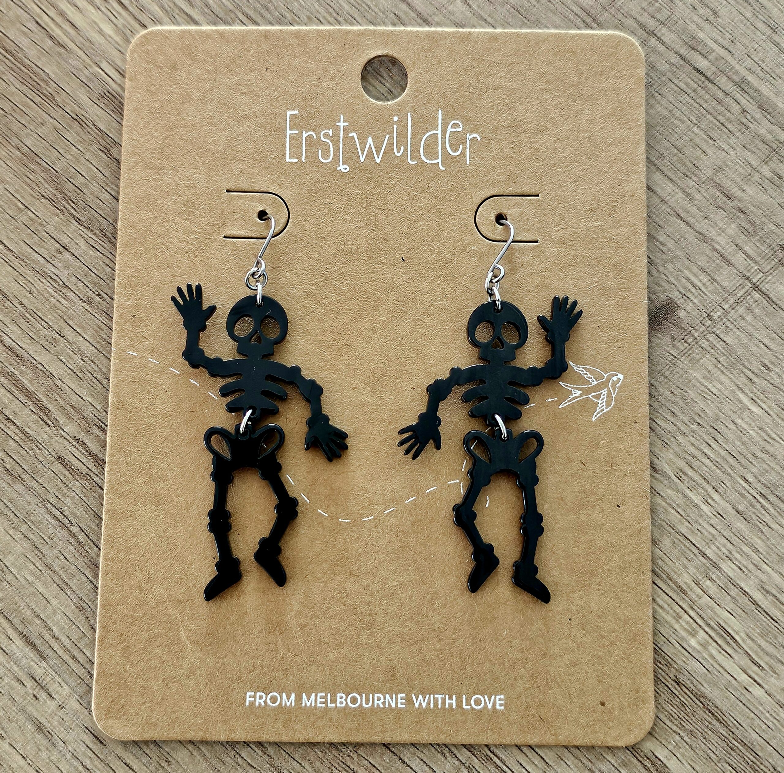 Erstwilder Earrings - Skeleton (Black) - morpeth antique centre hunter valley region erstwilder collectable earrings necklace halloween midnight mischief spooky brooch mini skeleton