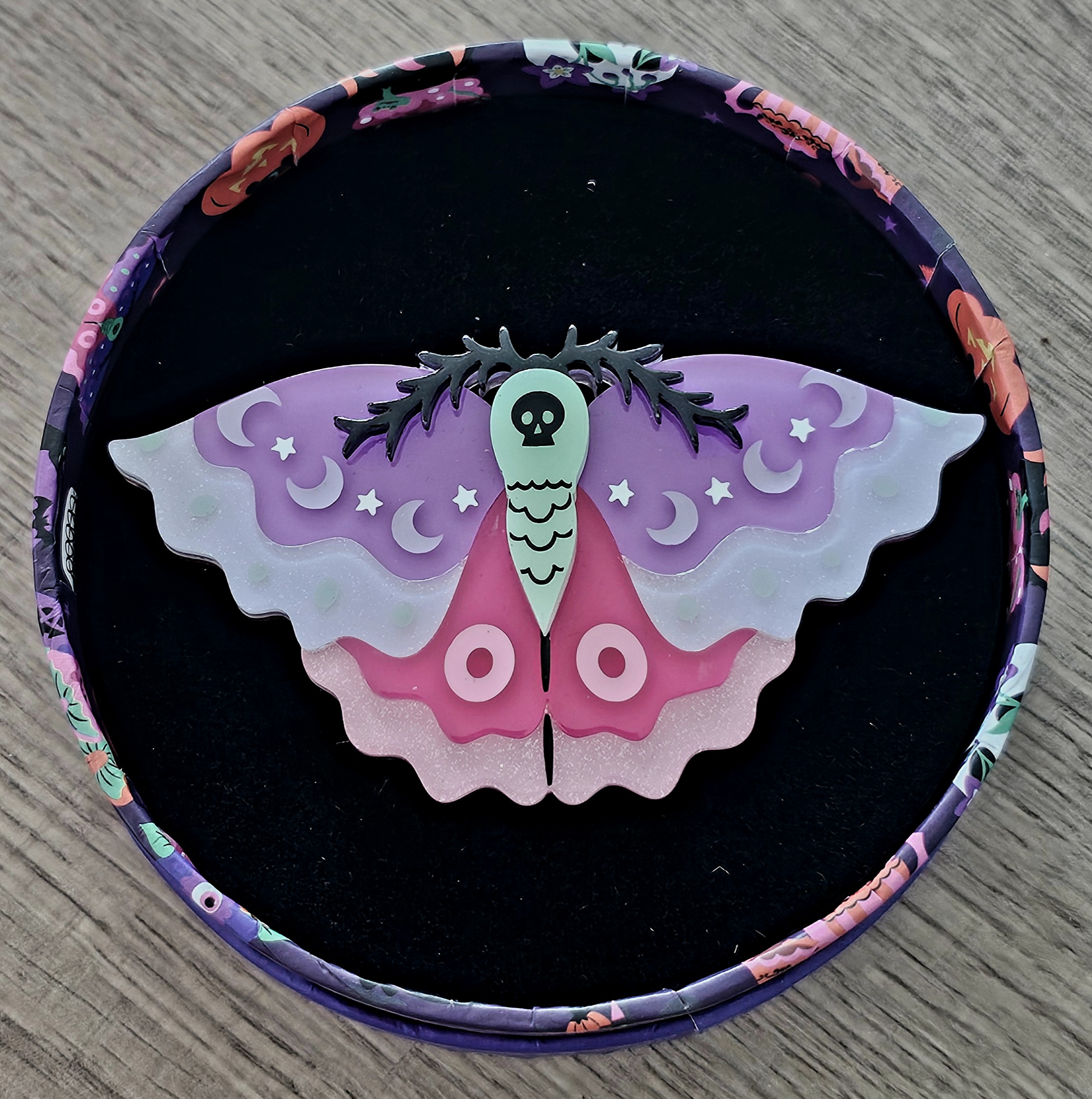 Erstwilder Brooch - Flutter by Night (Death Head Moth) - morpeth antique centre hunter valley region erstwilder collectable earrings necklace halloween midnight mischief spooky brooch mini out of the shadows mushroom toadstool glow in the dark flutter by night glow in dark butterfly