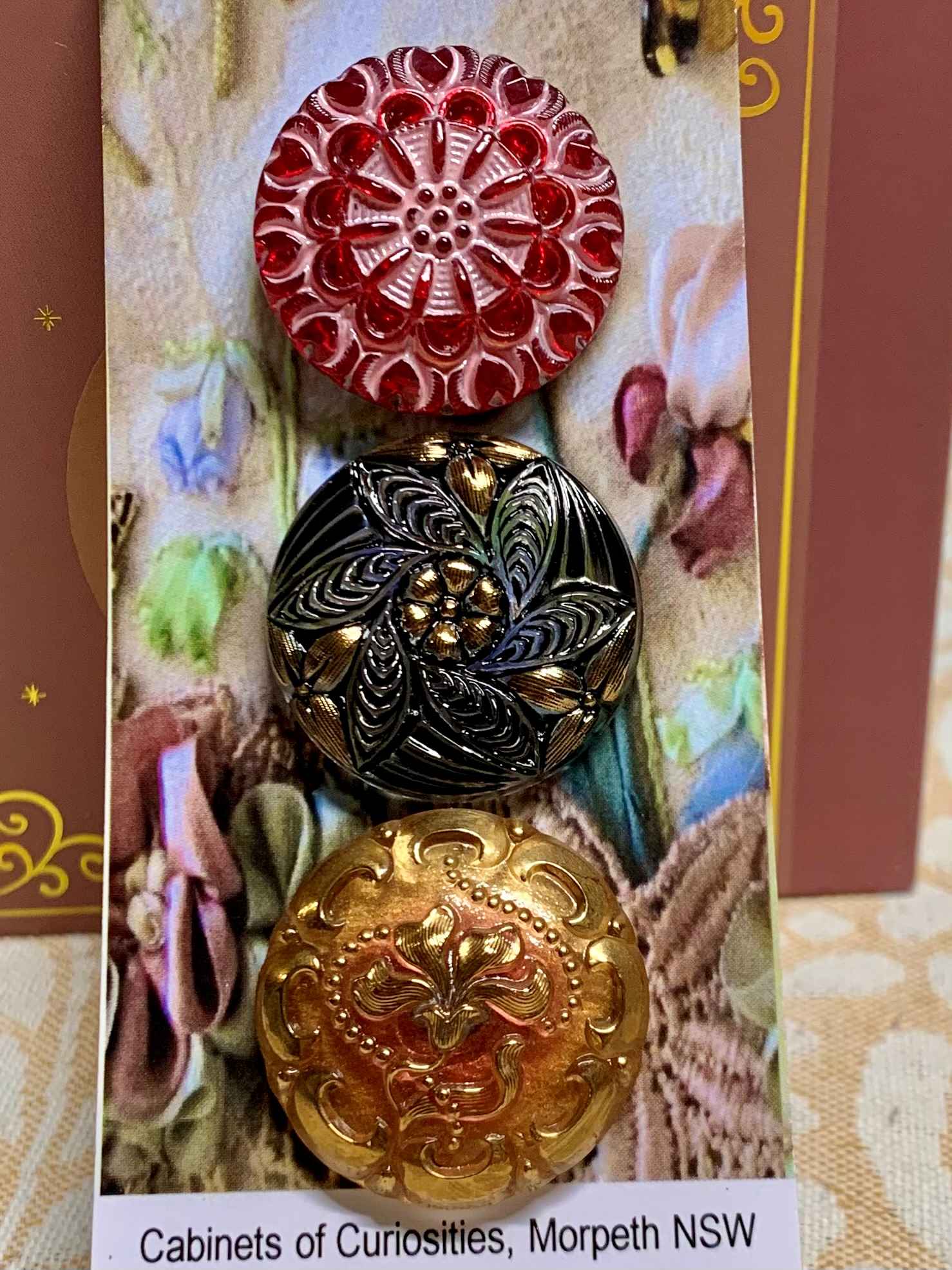 Czech Glass Buttons x 3 (code 424) - Czech glass Buttons at Morpeth Antique Centre Hunter Valley NSW