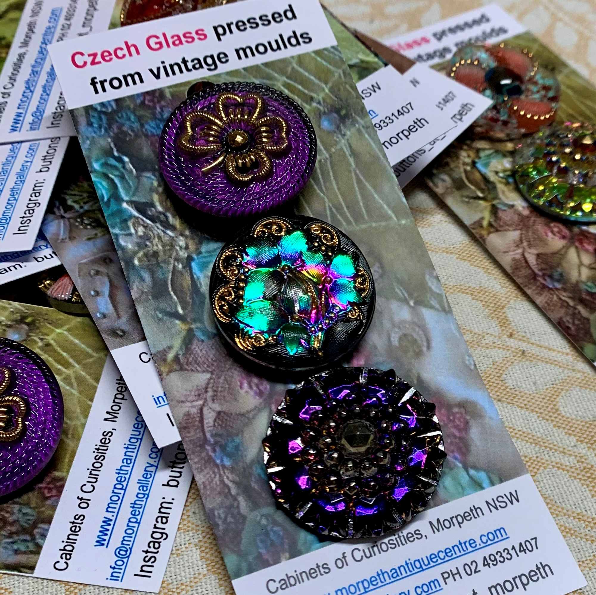 Czech Glass Buttons x 3 (code 450) - Czech glass Buttons at Morpeth Antique Centre Hunter Valley NSW