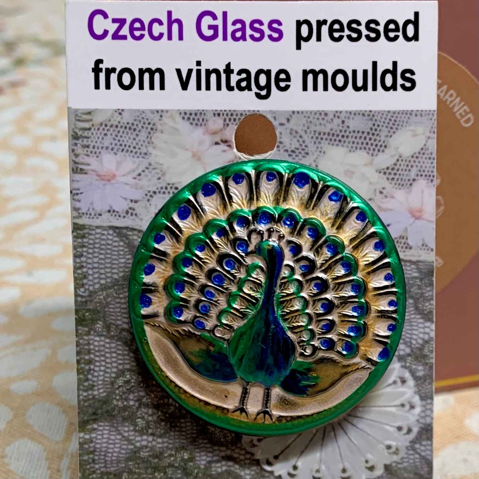 Czech Glass Button x 1 (code 451) - Czech glass Buttons at Morpeth Antique Centre Hunter Valley NSW Peacock