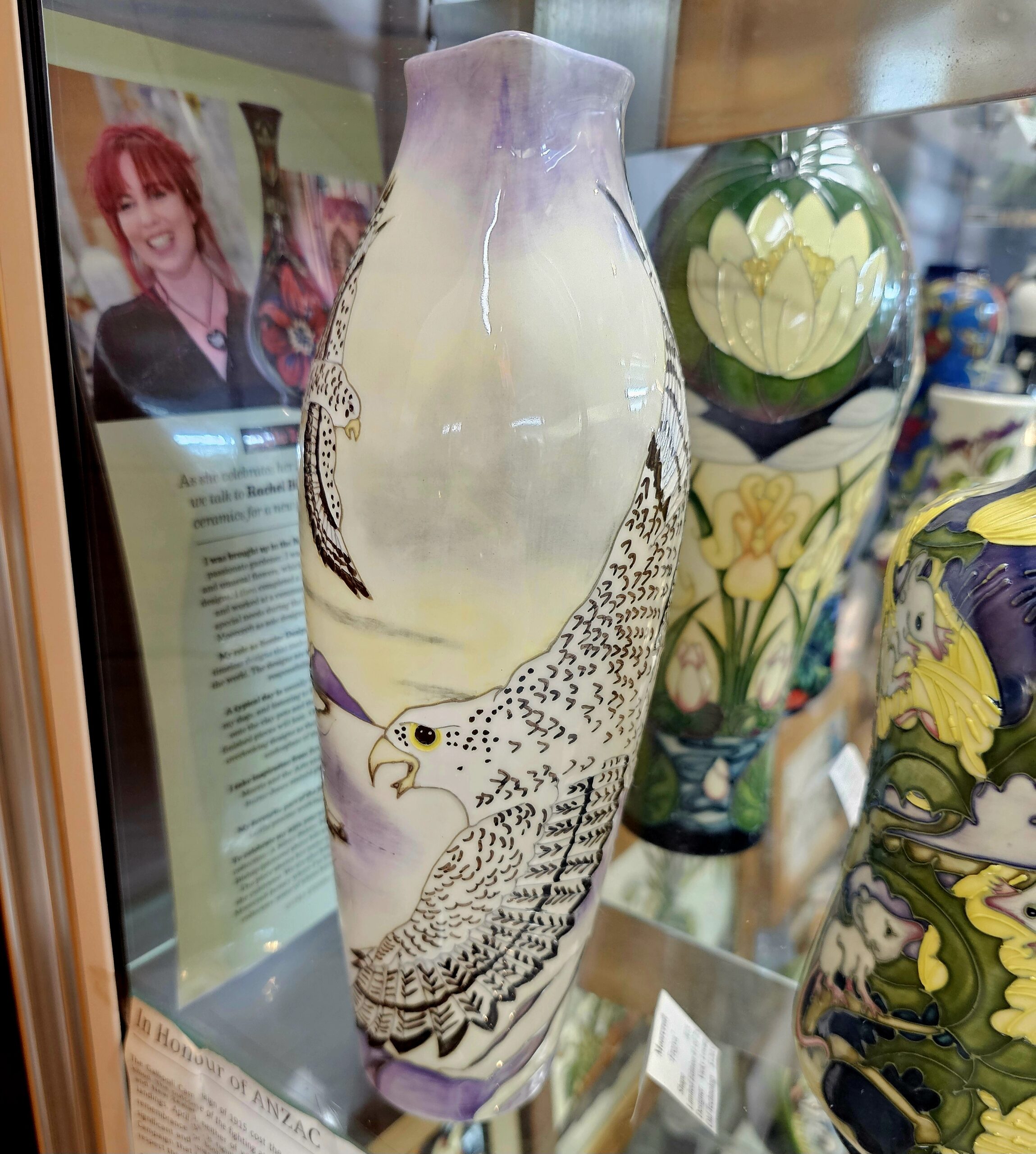 Moorcroft Pottery Jug/Ewer - morpeth antique centre hunter valley region moorcroft pottery england stoke on trent ceramics pottery william walter rachel bishop vivki lovett freya eagle falcon hawk