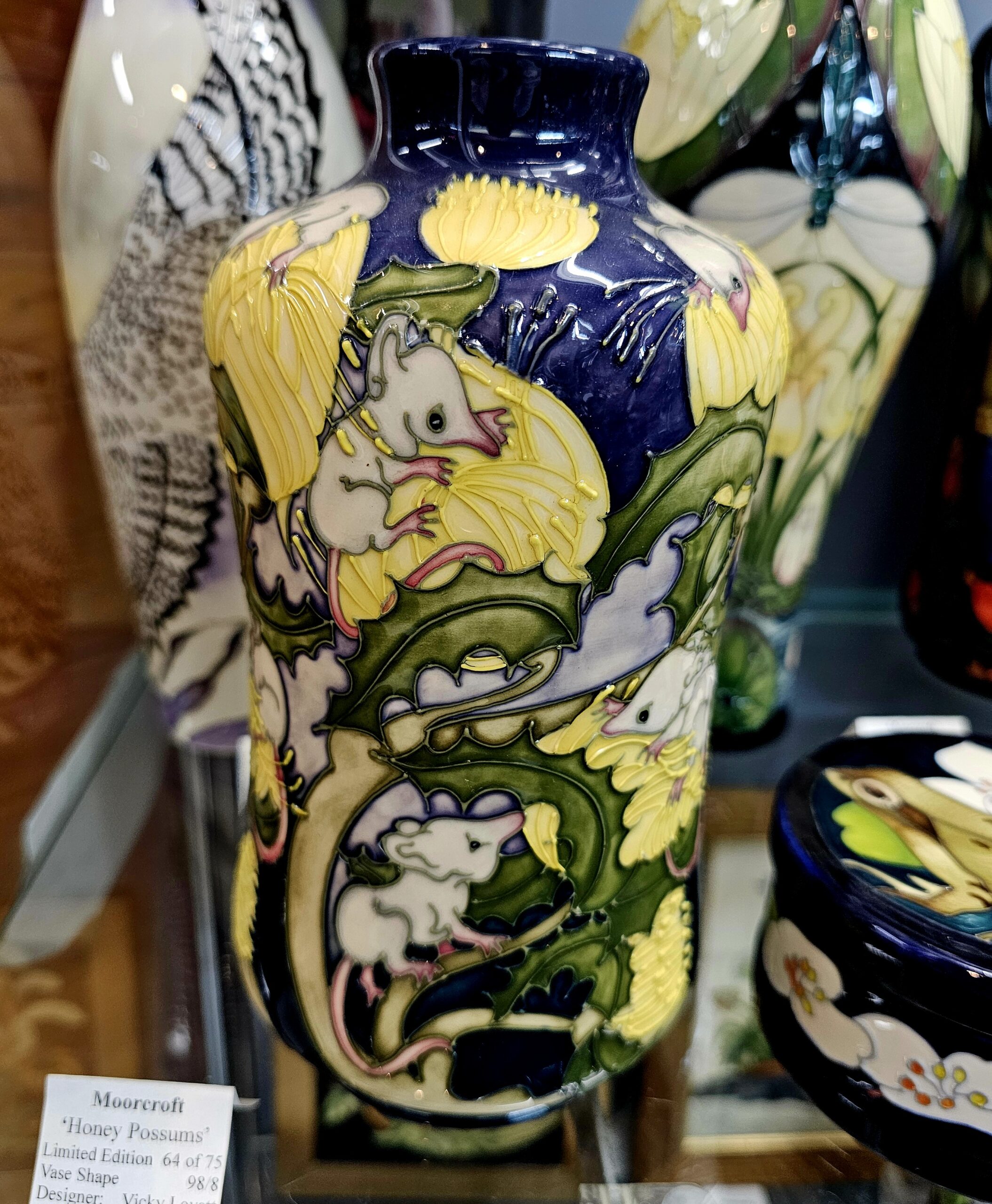 Moorcroft Pottery Vase - Honey Possums - morpeth antique centre hunter valley region moorcroft pottery england stoke on trent ceramics pottery william walter rachel bishop vivki lovett honey possums