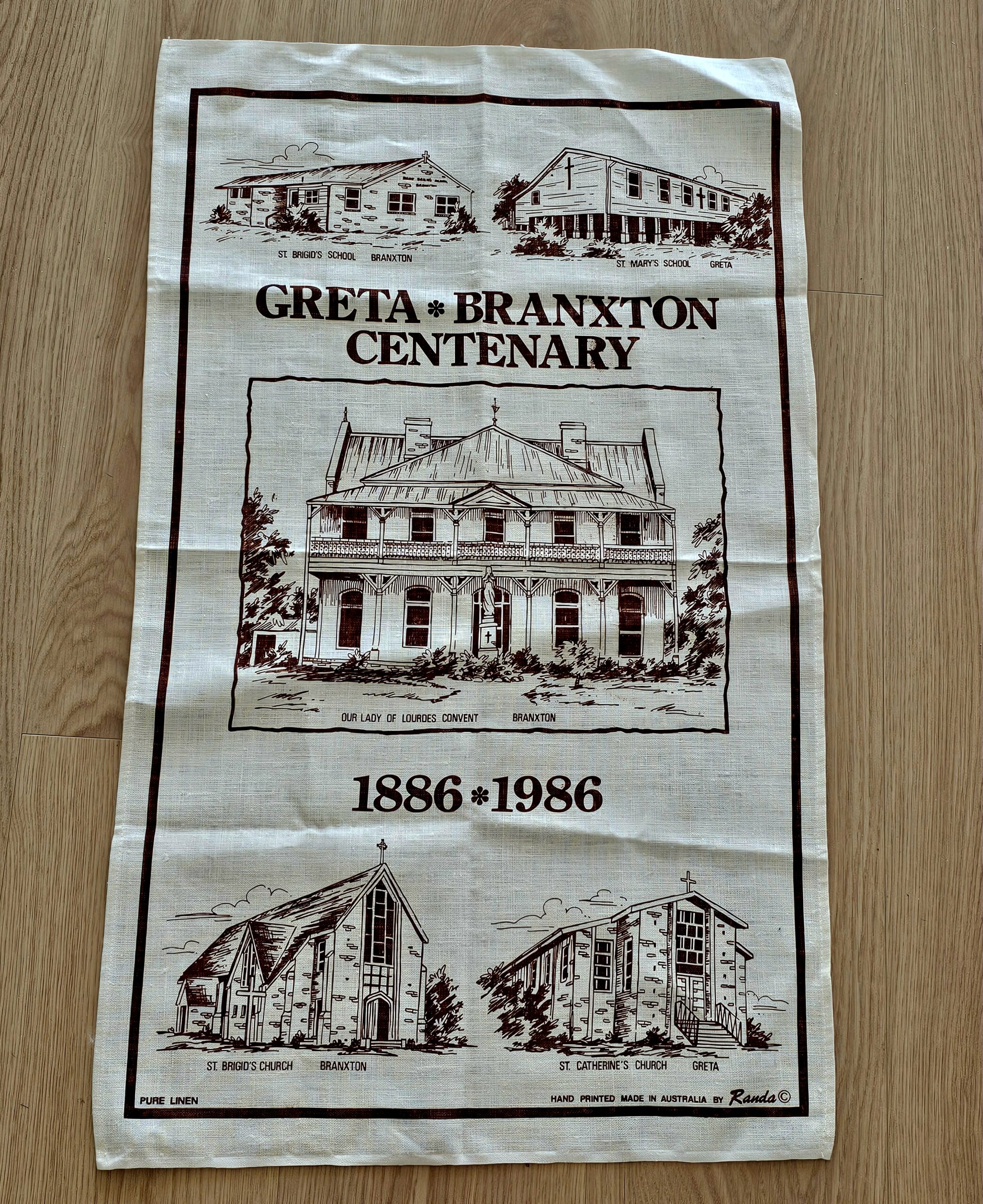 Teatowel - Greta Branxton Centenary - morpeth antique centre hunter valley region vintage tea towel linen cotton roadtrip towns villages international greta branxtown anglican catholic church