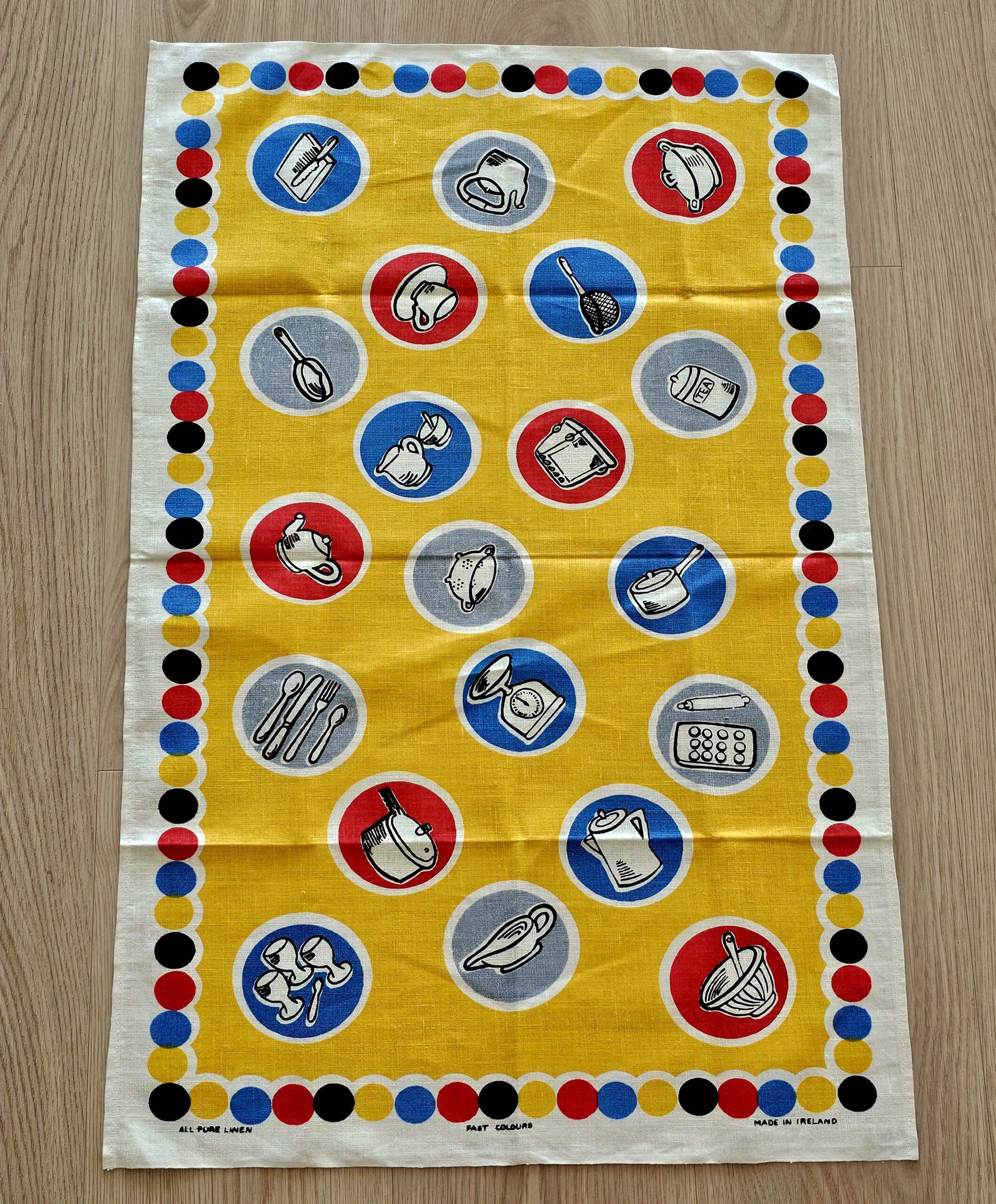 Teatowel - Kitchen Utensils Yellow - morpeth antique centre hunter valley region vintage tea towel linen cotton roadtrip towns villages international kitchen utensils yellow
