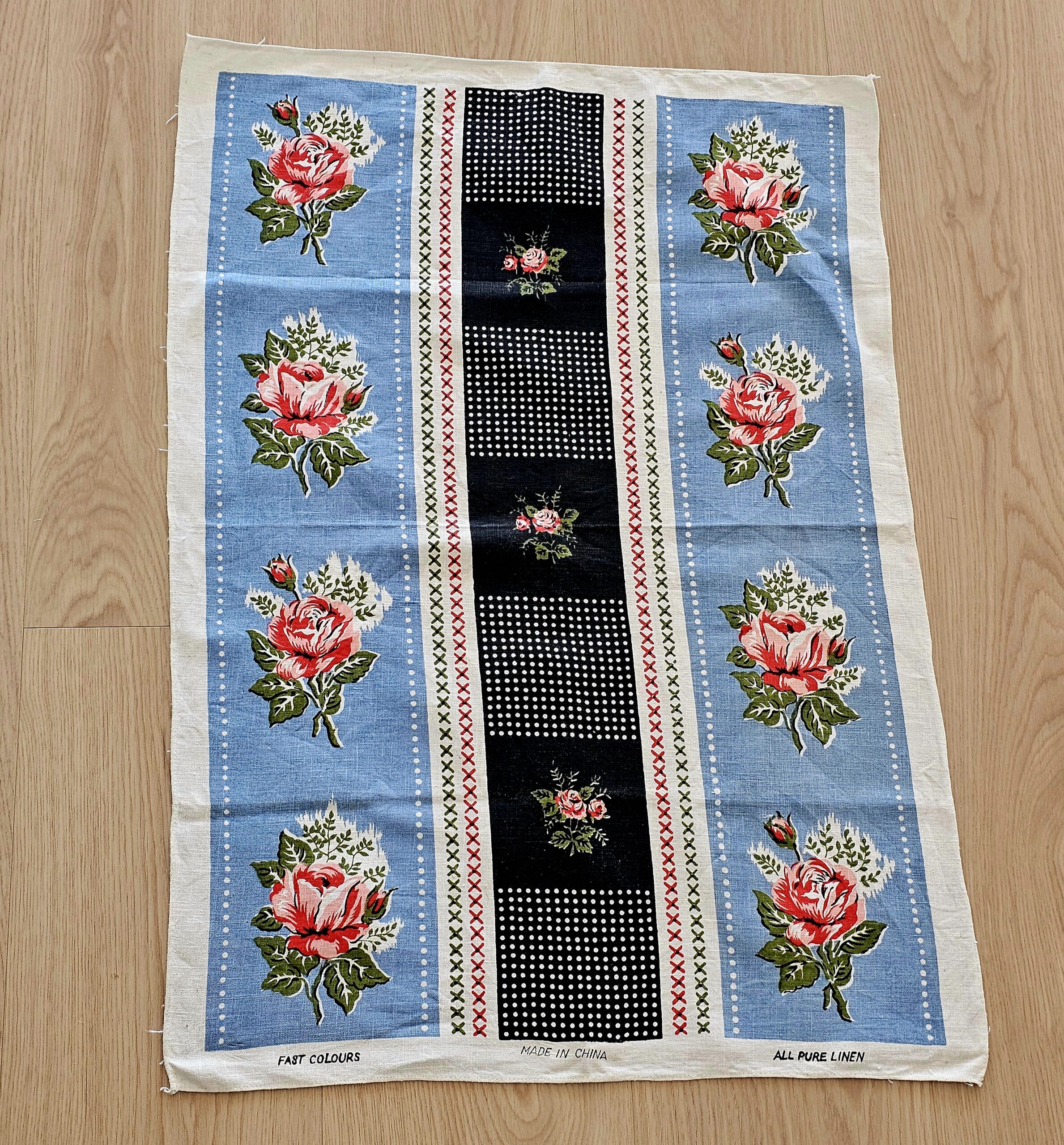 Teatowel - Cross Stitch with Roses - morpeth antique centre hunter valley region vintage tea towel linen cotton roadtrip towns villages international cross stitch roses