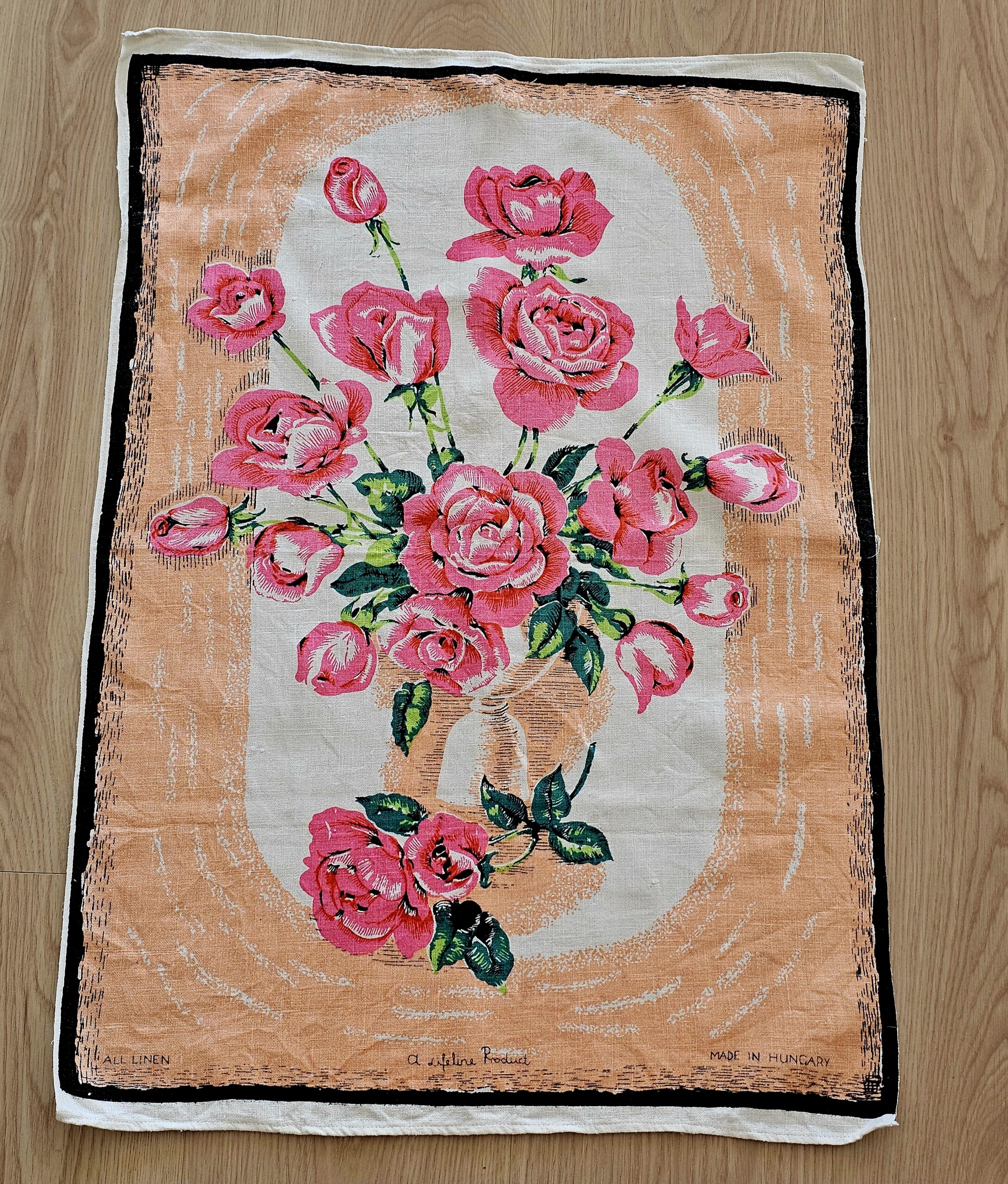 Teatowel - Pink Carnation - morpeth antique centre hunter valley region vintage tea towel linen cotton roadtrip towns villages international pink perfection roses