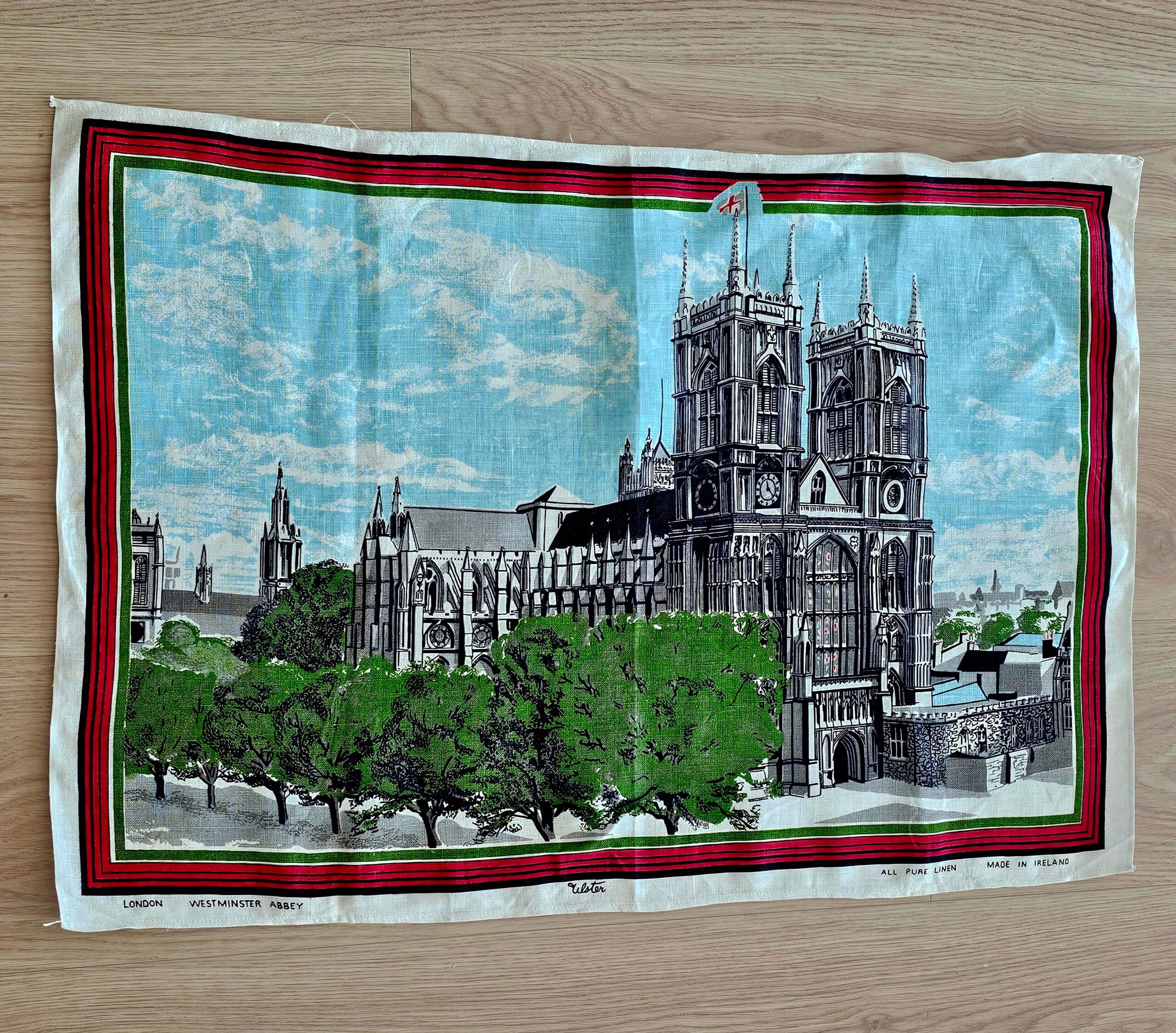 Teatowel - Westminster Abbey, England - morpeth antique centre hunter valley region vintage tea towel linen cotton roadtrip towns villages international westminster cathedral united kingdom london